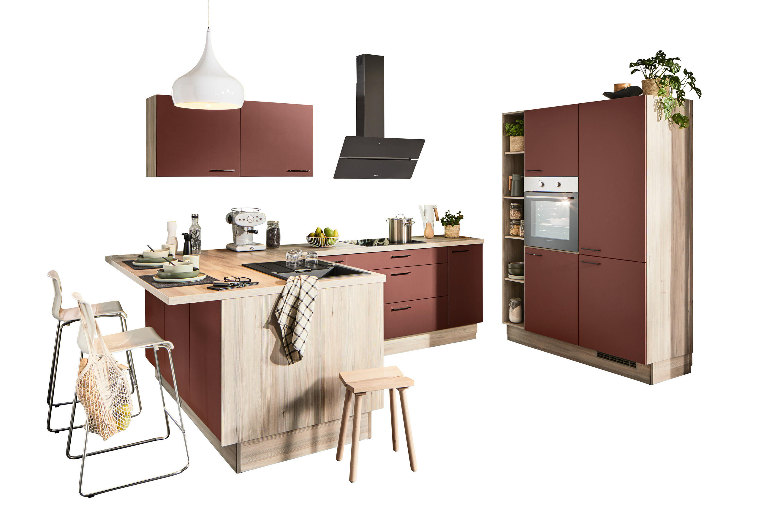 ECKKÜCHE  in Rot, Tannenholzfarben  - Rot/Tannenholzfarben, Design, Holzwerkstoff/Metall (121,6/280/150cm) - Xora