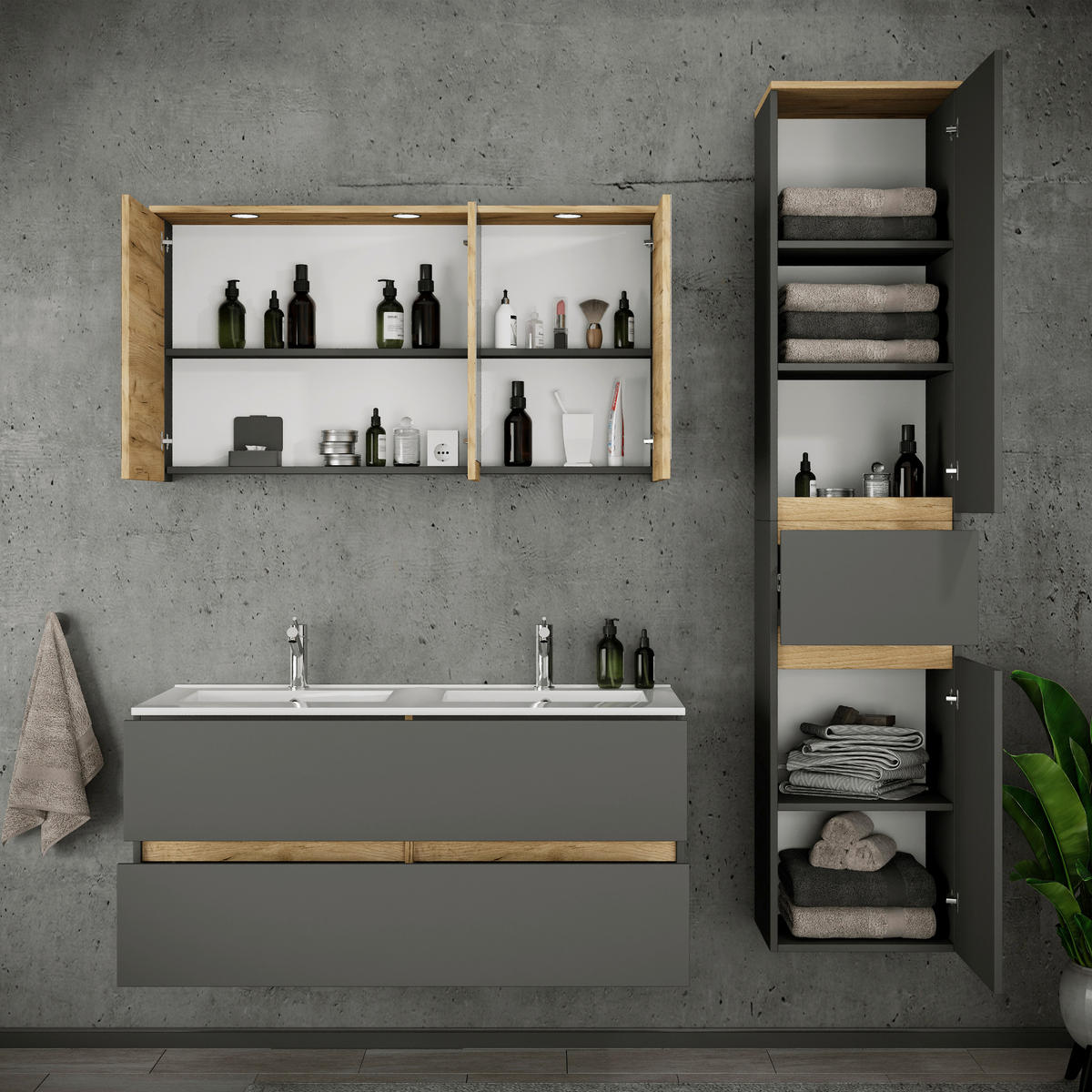 BADEZIMMER 4-teilig  in 152 cm  - Honigeiche/Anthrazit, Trend, Keramik/Holzwerkstoff (152cm) - MID.YOU