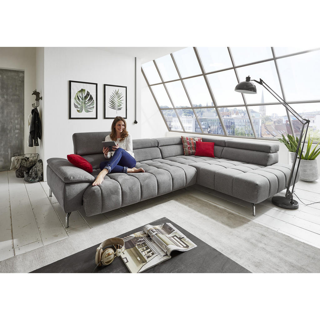 Thumbnail - Beldomo Style Ecksofa, Grau, Textil, Uni, 5-Sitzer, Ottomane rechts, L-Form, 323x222 cm, Goldenes M, erweiterbar, Typena...