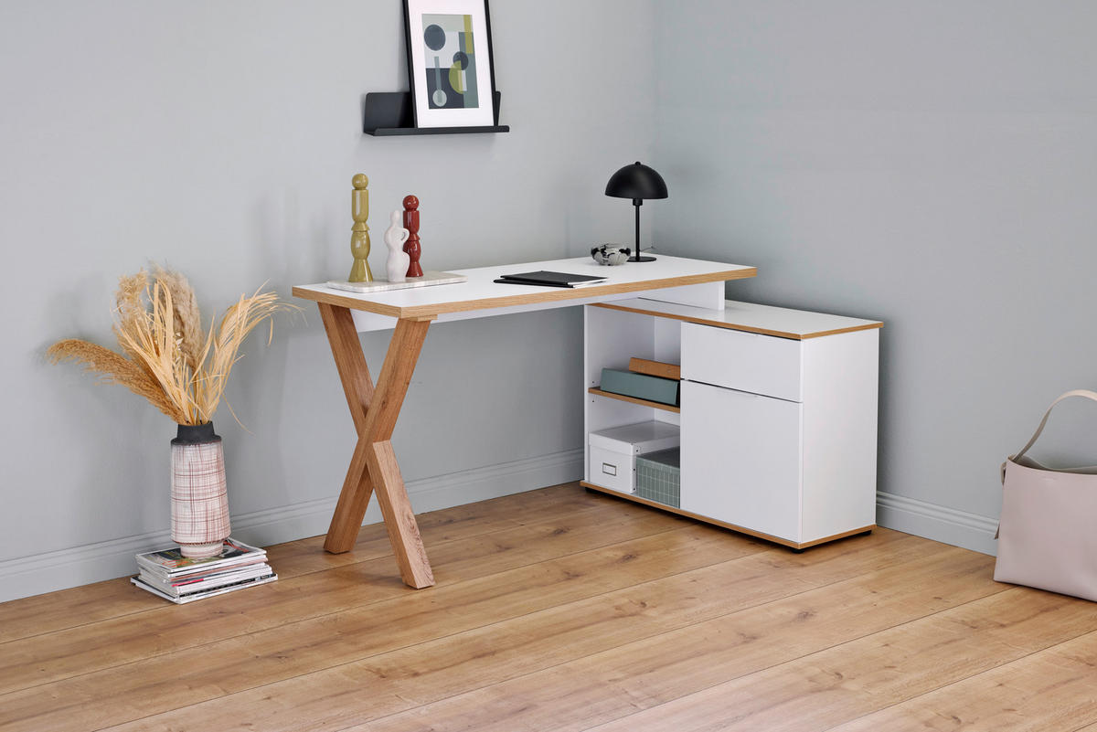 ECKSCHREIBTISCH 140/95/76 cm  in Weiss, Eichefarben  - Weiss/Eichefarben, Modern, Holzwerkstoff/Metall (140/95/76cm) - Livetastic