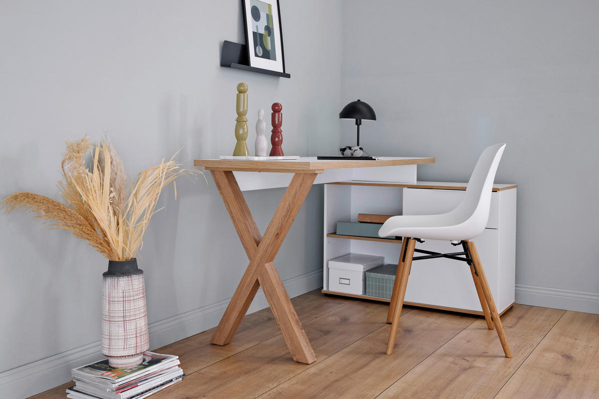 ECKSCHREIBTISCH 140/95/76 cm  in Weiss, Eichefarben  - Weiss/Eichefarben, Modern, Holzwerkstoff/Metall (140/95/76cm) - Livetastic