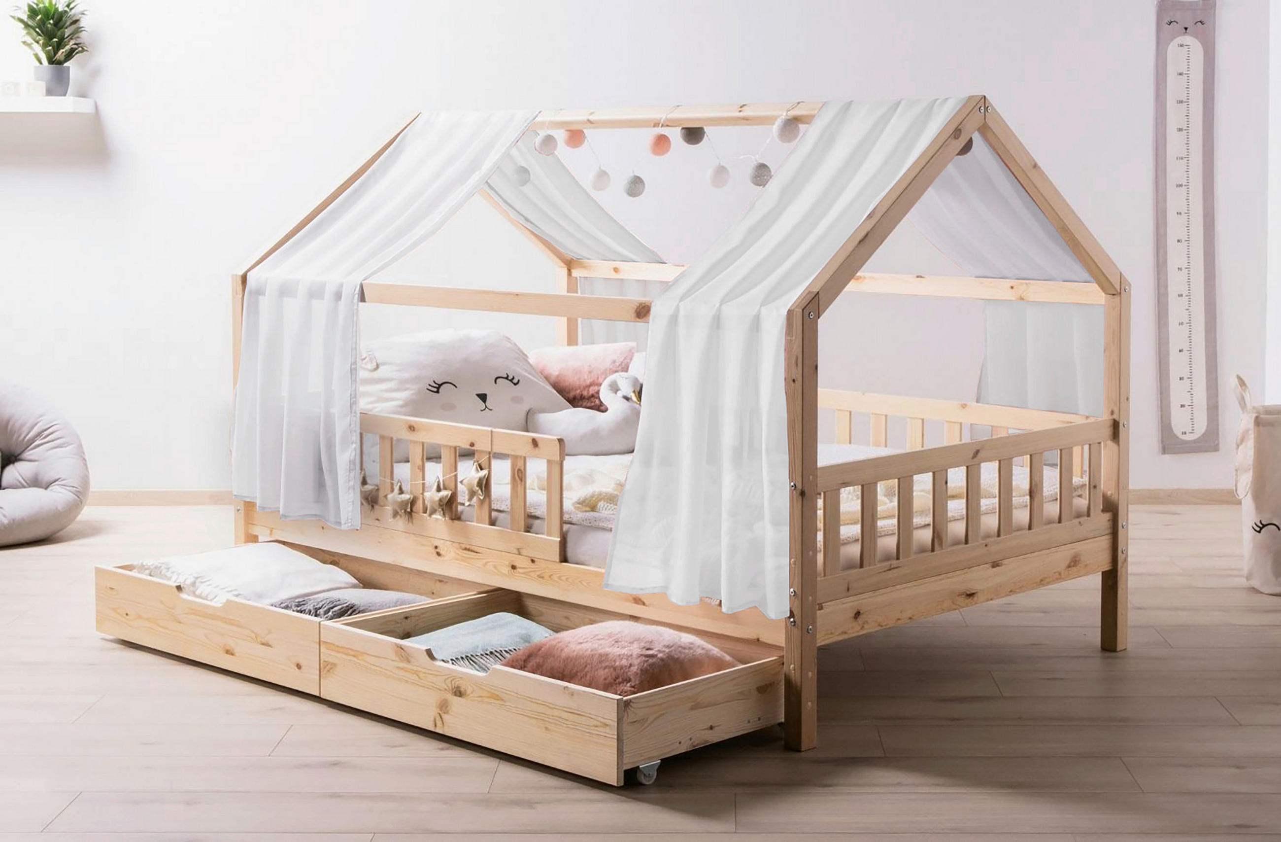 HAUSBETT 100/200 cm,  in Naturfarben, Weiß  - Naturfarben/Weiß, MODERN, Holz/Textil (100/200cm) - MID.YOU