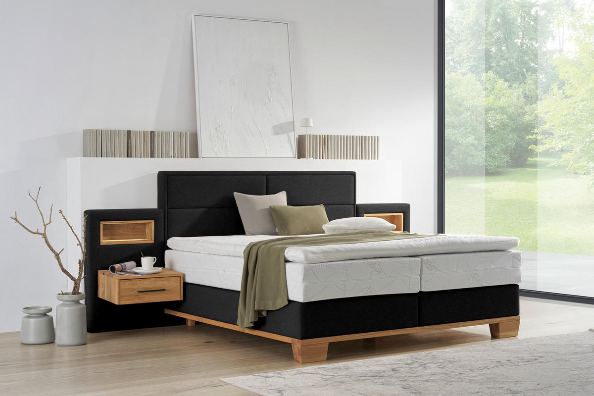 BOXSPRINGBETT 180/200 cm,  in Eichefarben, Dunkelgrau, Matratze, Topper, H2 = mittel  - Eichefarben/Dunkelgrau, Natur, Holz/Textil (180/200cm) - Valnatura