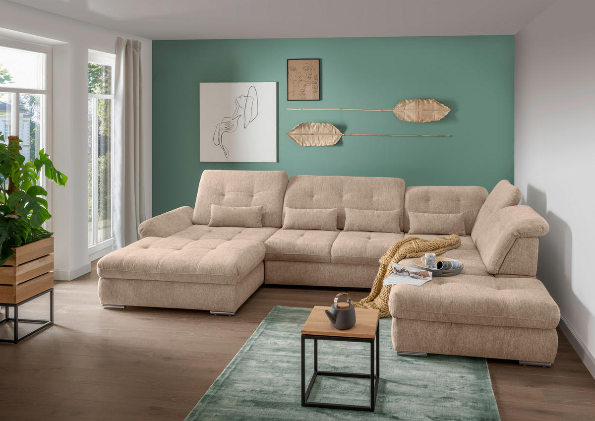 WOHNLANDSCHAFT Chenille Hellbraun  - Chromfarben/Hellbraun, Design, Textil/Metall (195/376/254cm) - Livetastic