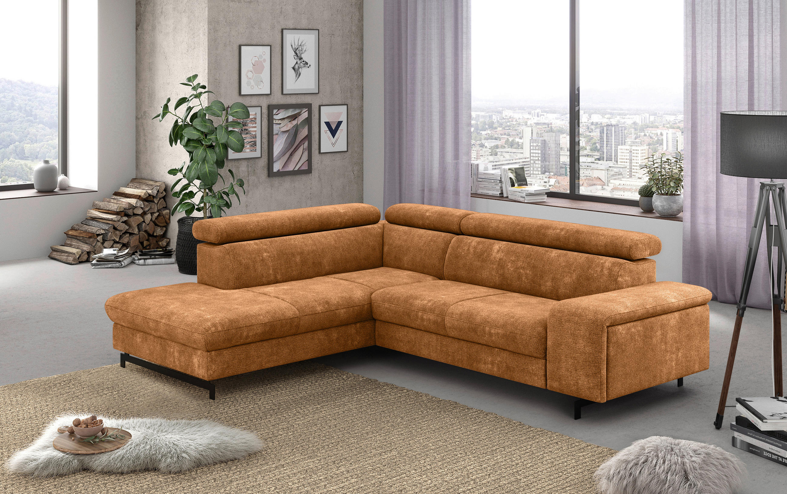 ECKSOFA in Chenille Cognac  - Cognac/Schwarz, Textil/Metall (215/262cm) - MID.YOU