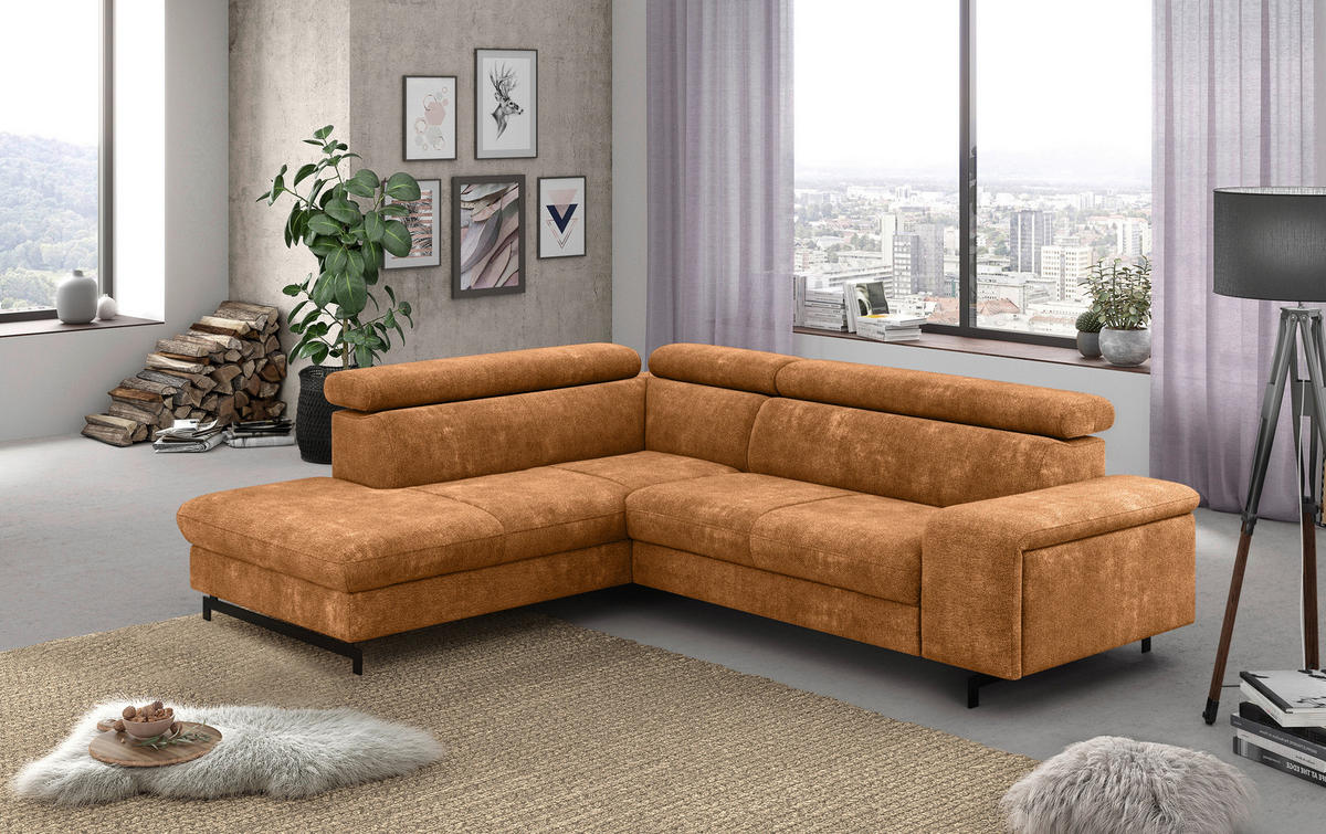 ECKSOFA in Chenille Cognac  - Cognac/Schwarz, Textil/Metall (215/262cm) - MID.YOU