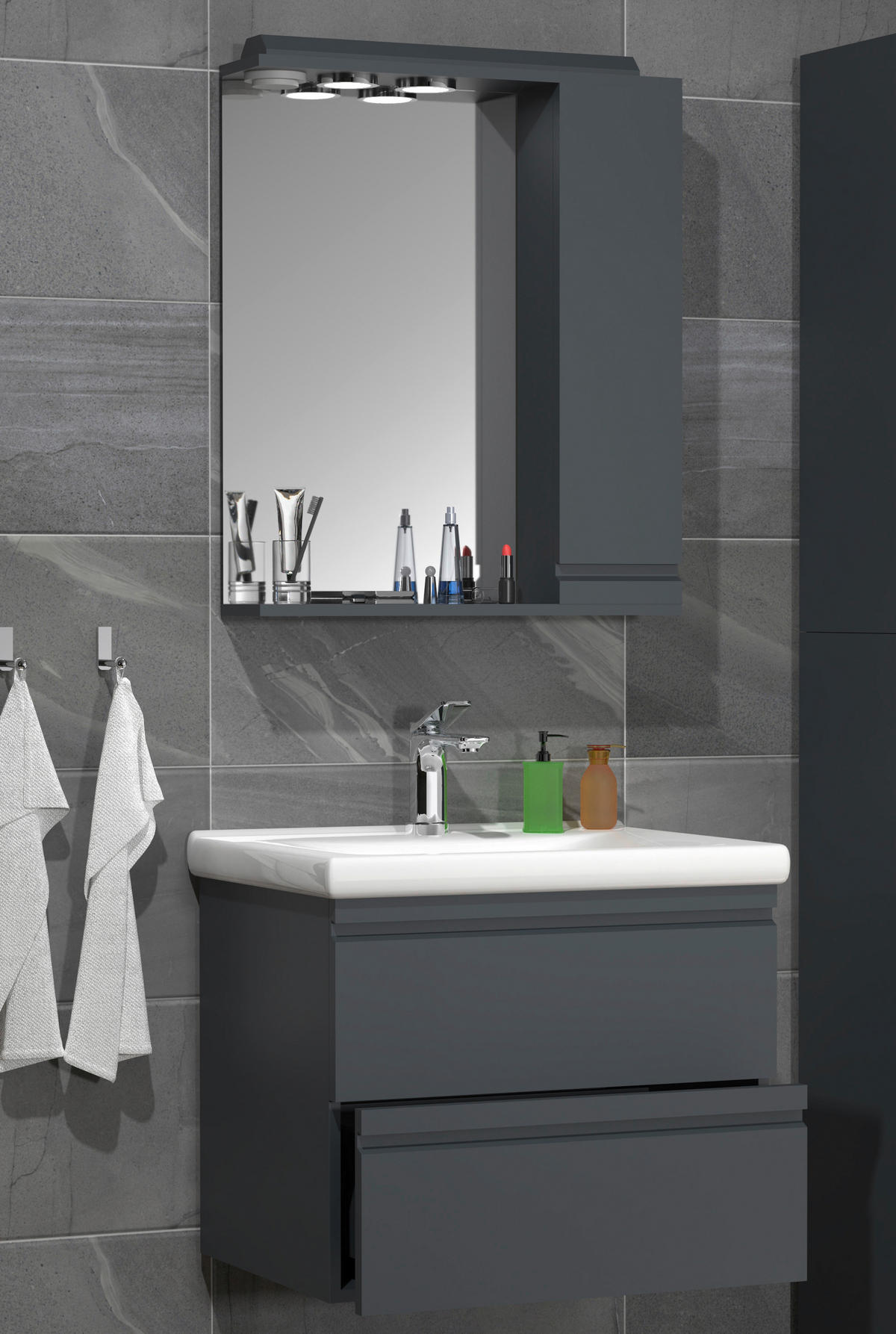 BADEZIMMER 3-teilig  in 60 cm  - Weiss/Anthrazit, Modern, Glas/Keramik (60cm) - MID.YOU