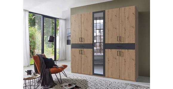 DREHTÜRENSCHRANK in Graphitfarben, Eiche Artisan - Schwarz/Graphitfarben, KONVENTIONELL, Glas/Holzwerkstoff (225/208/58cm) - Carryhome