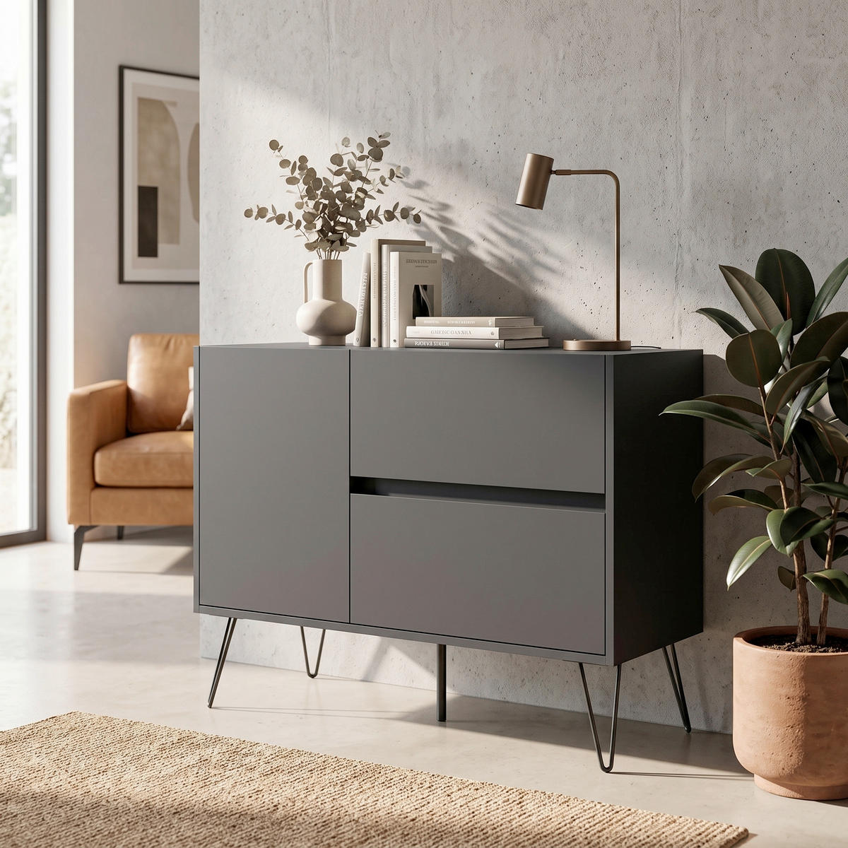 SIDEBOARD Posseik Industrial 99/75,8/42 cm 2 Schublade(n)  - Graphitfarben/Schwarz, Design, Holzwerkstoff/Metall (99/75,8/42cm) - MID.YOU