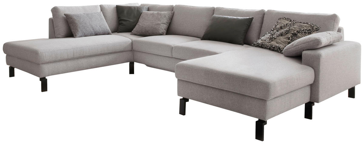 WOHNLANDSCHAFT in Flachgewebe Hellgrau  - Hellgrau/Schwarz, Design, Textil/Metall (220/336/162cm) - Hom`in