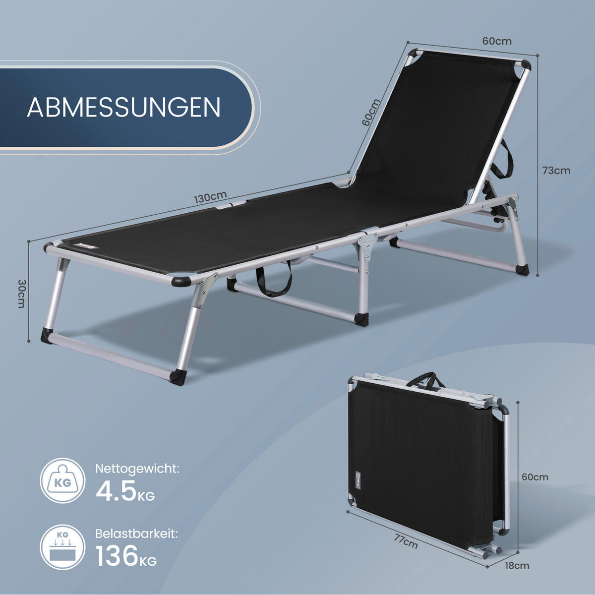 STRANDLIEGE 190/73/62 cm  - Silberfarben/Schwarz, Basics, Textil/Metall (190/73/62cm) - Modante
