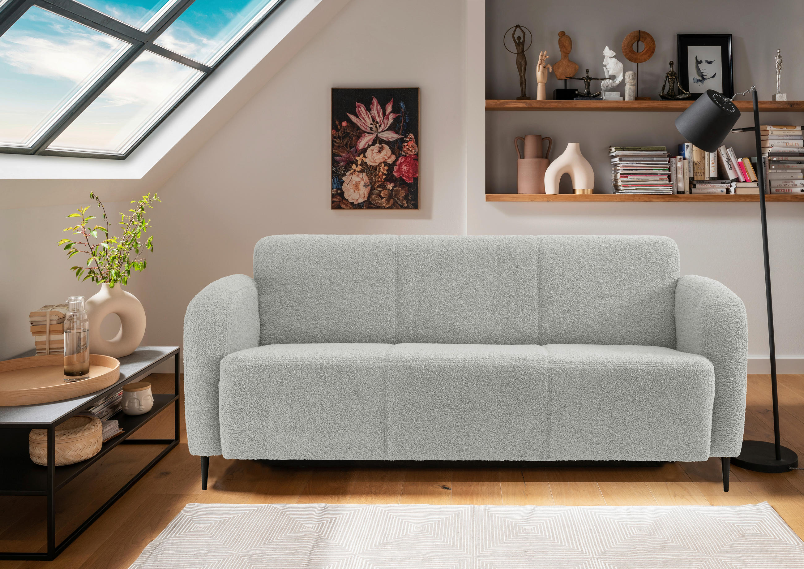 3-SITZER-SOFA Teddystoff Hellgrau  - Hellgrau/Schwarz, MODERN, Textil/Metall (180/76/90cm) - Livetastic