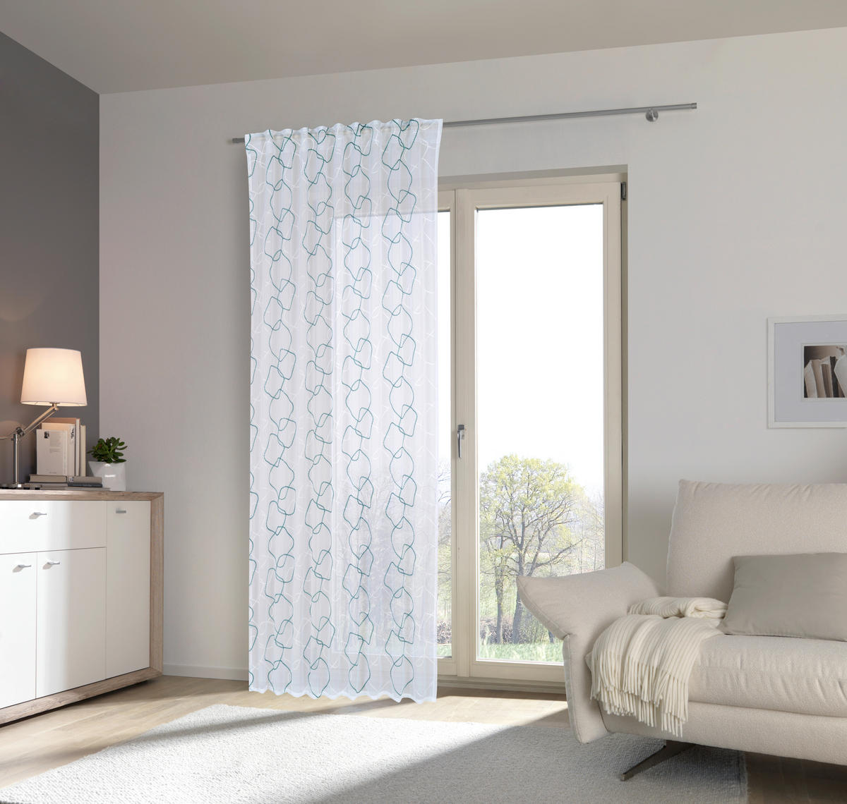 HOTOVÝ ZÁVĚS, průhledné, 140/245 cm - bílá/petrolej, Konvenční, textil (140/245cm) - Esposa