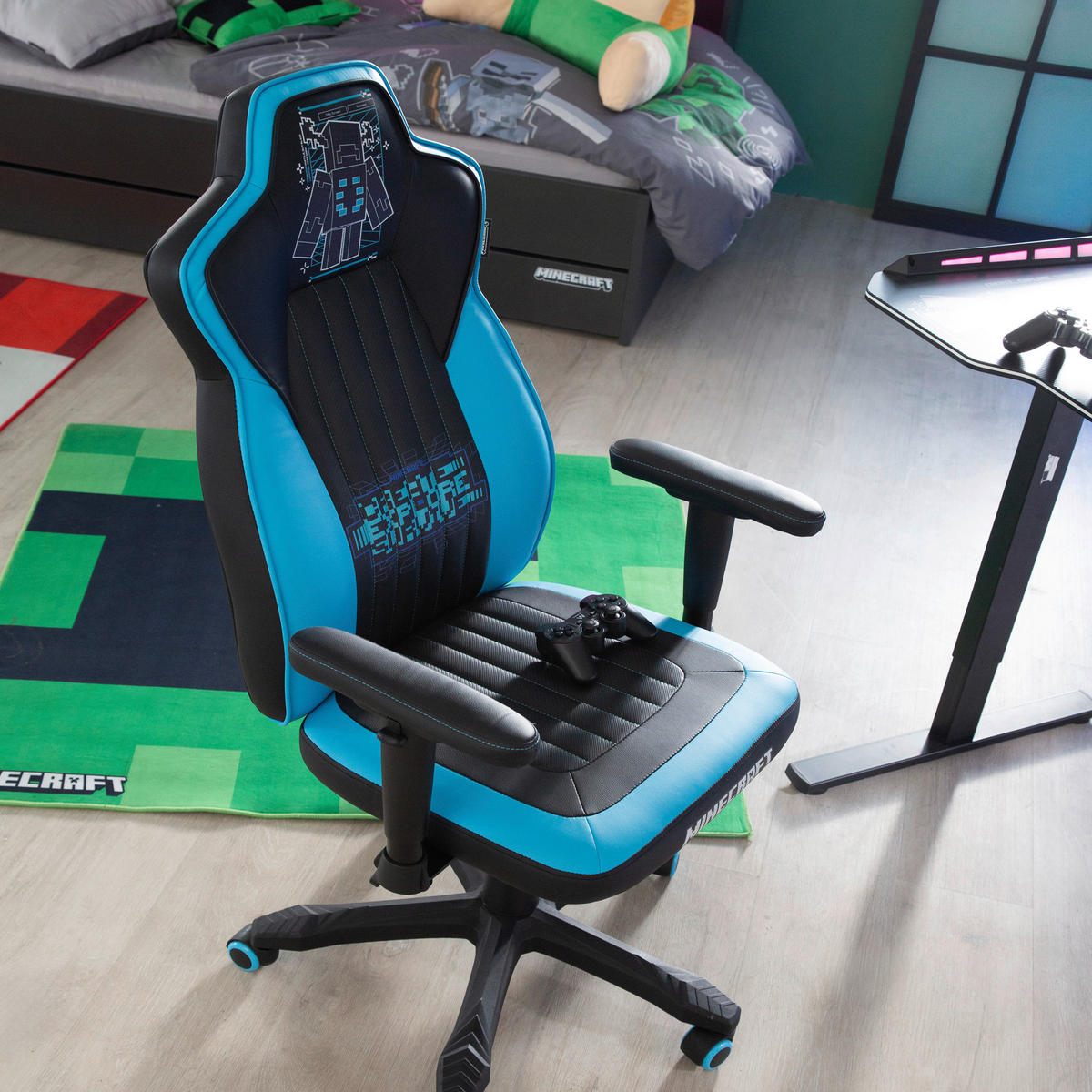 GAMINGSTUHL Blau, Schwarz Kunststoff, Textil   - Blau/Schwarz, MODERN, Kunststoff/Textil (59,5/102,5/66cm) - Minecraft