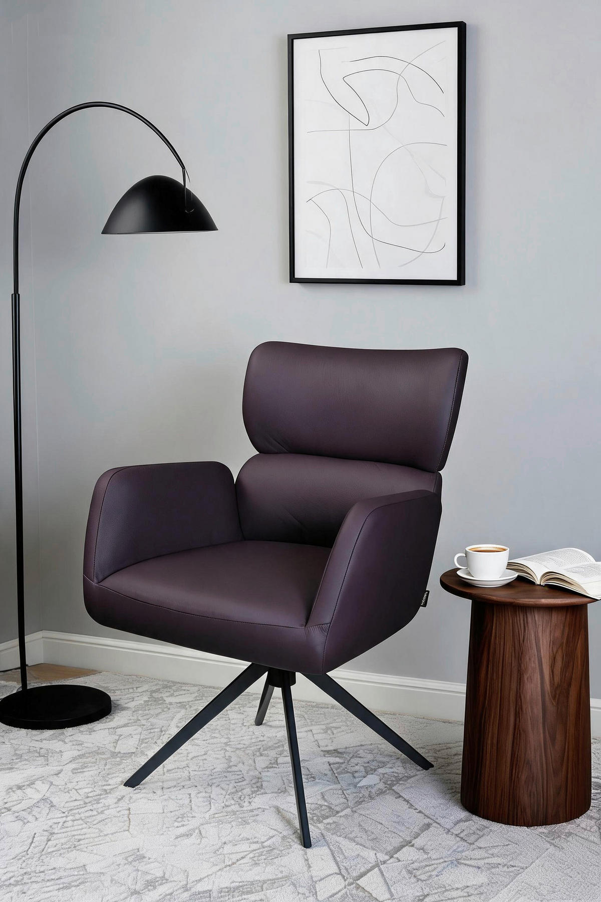 ARMLEHNSTUHL  Lederauswahl, Sitzfläche 360° drehbar, automatische Rückholfunktion  Echtleder  Aubergine  - Aubergine/Schwarz, Design, Leder/Metall (62,5/86,5/67cm) - Milino