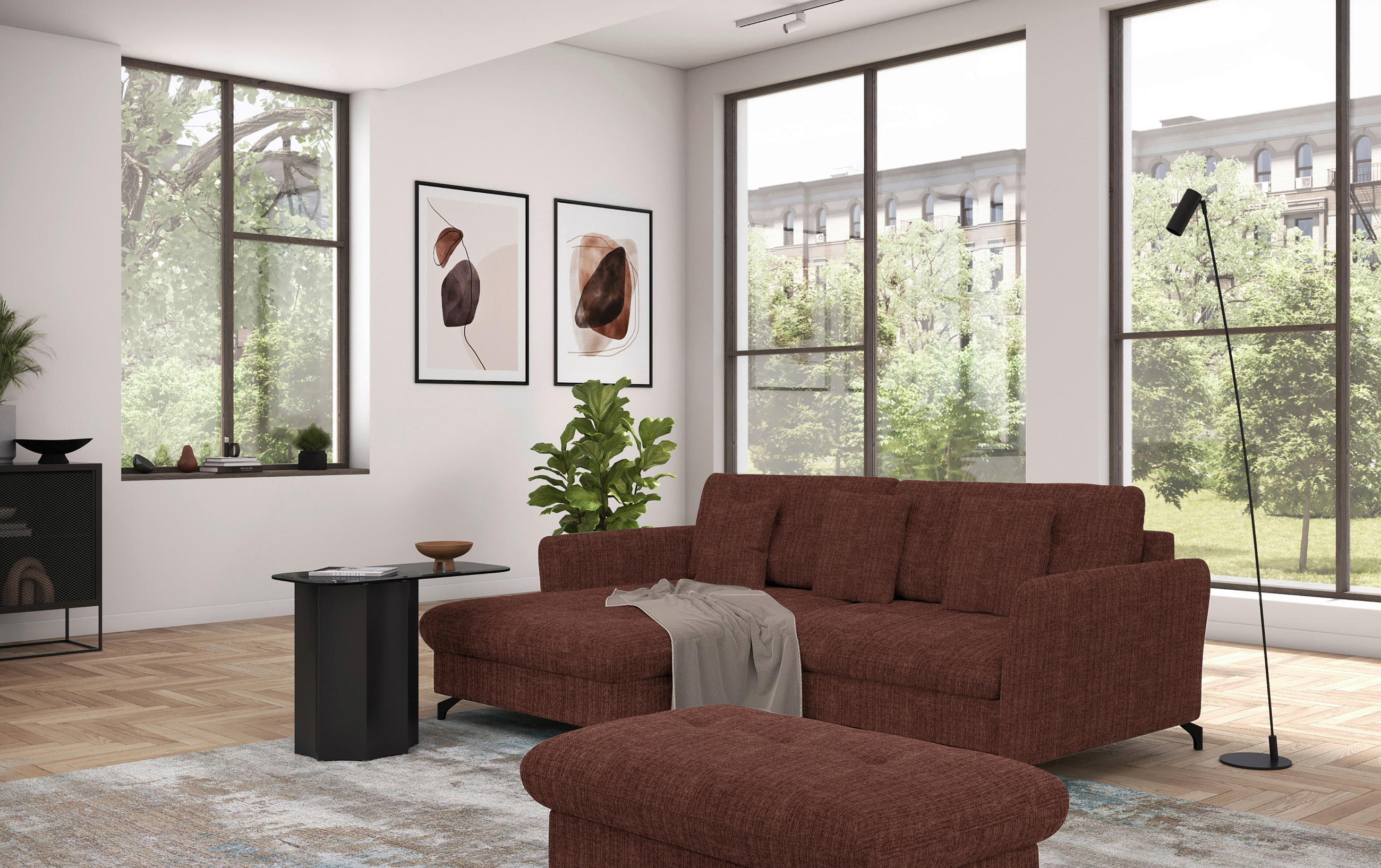 ECKSOFA in Flachgewebe, Leinenoptik Rotbraun  - Rotbraun/Schwarz, Design, Textil/Metall (170/242cm) - Xora