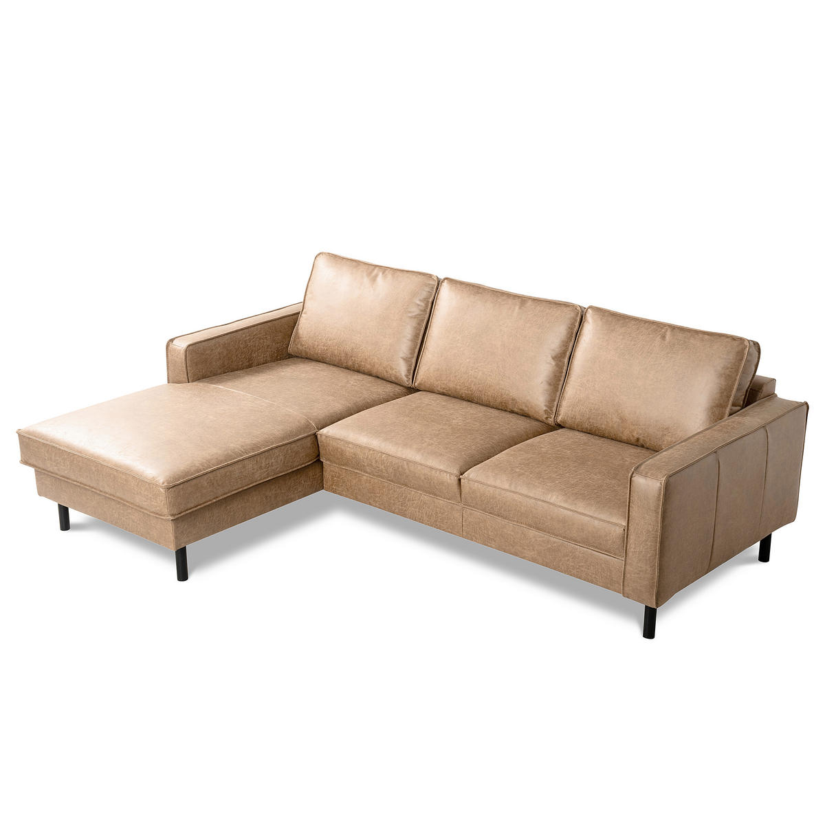ECKSOFA Sandfarben Echtleder Lederlook Bettkasten, Schlaffunktion, Rücken echt  - Sandfarben/Schwarz, Design, Leder/Textil (166/238cm) - Livetastic