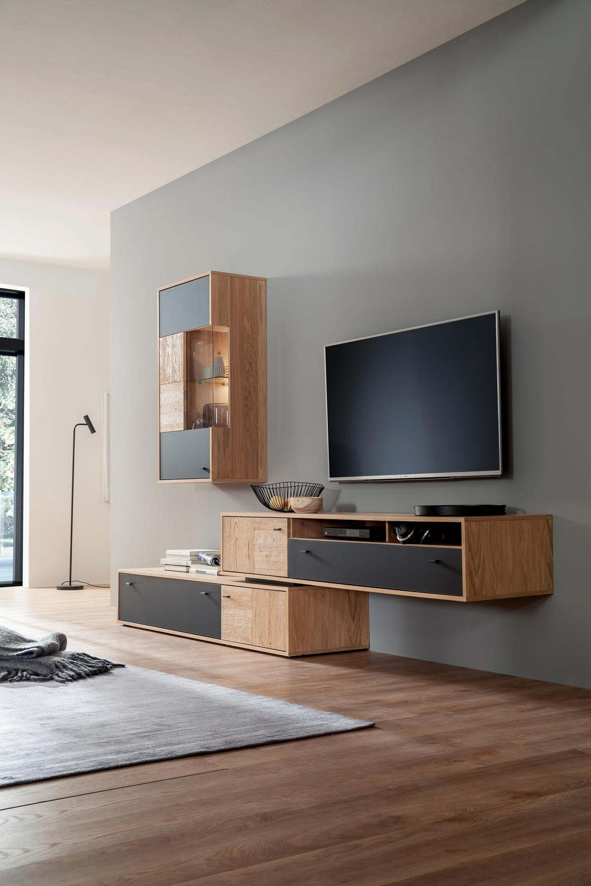 WOHNWAND  in Anthrazit, Eiche Bianco  306/198/50 cm  - Eiche Bianco/Anthrazit, Design, Glas/Holz (306/198/50cm) - MID.YOU