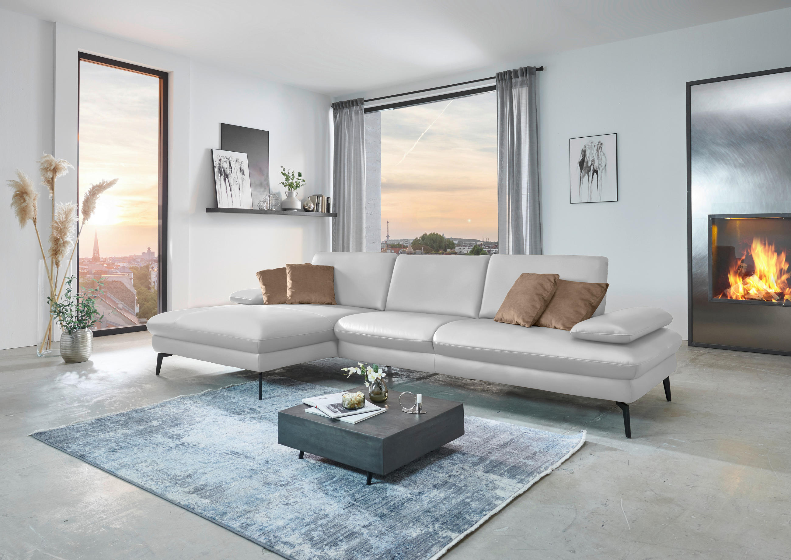 ECKSOFA in Echtleder Weiss  - Weiss/Schwarz, Design, Leder/Metall (157/325cm) - Dieter Knoll