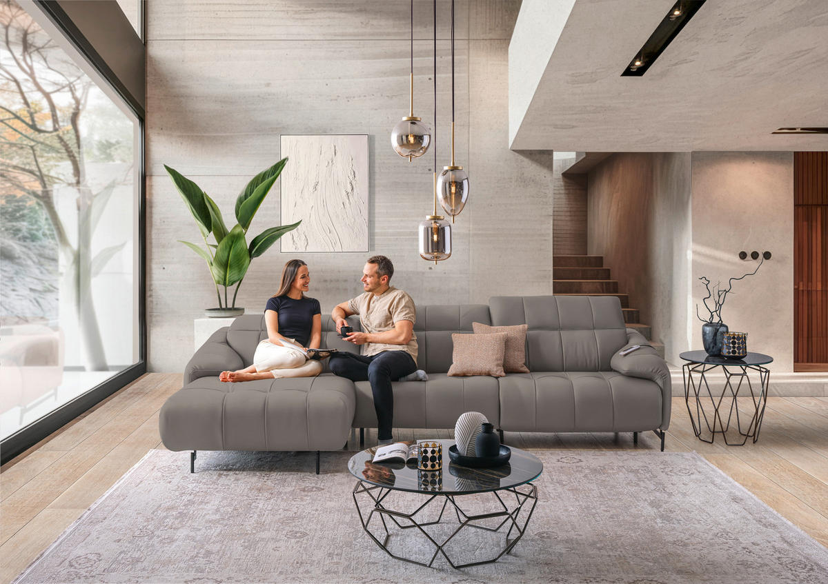 ECKSOFA in Echtleder Greige  - Greige/Schwarz, Design, Leder/Metall (165/313cm) - Emilio Belluti