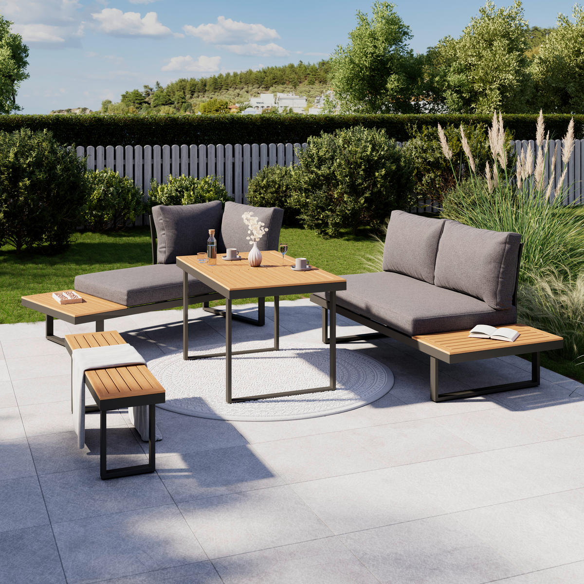 LOUNGE ÉTKEZŐGARNITÚRA 4 részes   253/70/175 cm  - natúr színű/antracit, Modern, műanyag/textil (253/70/175cm) - Ambia Garden