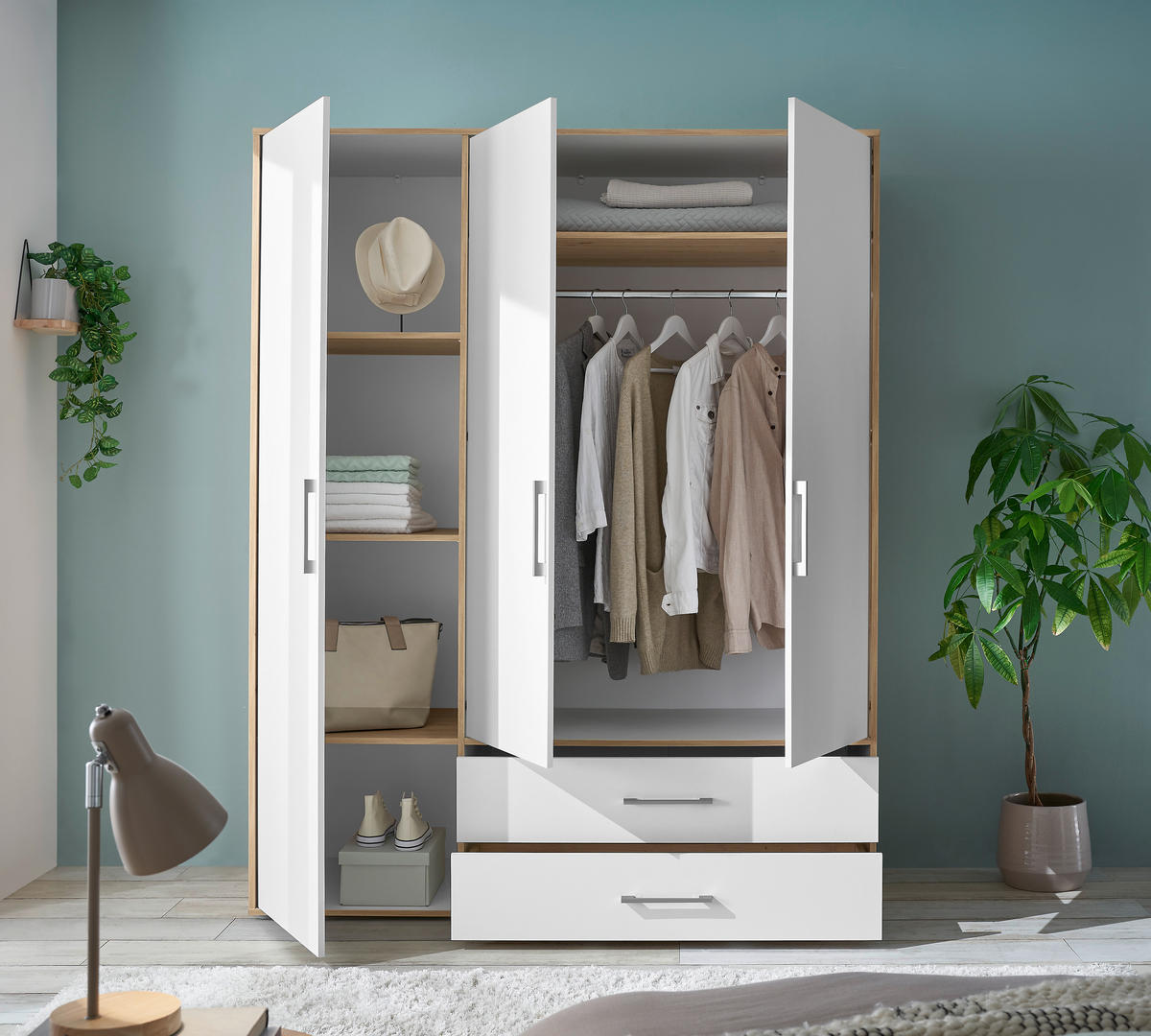 KLEIDERSCHRANK 155/195/60 cm 3-türig Weiß, Eiche Artisan  - Alufarben/Weiß, Basics, Holzwerkstoff/Kunststoff (155/195/60cm)