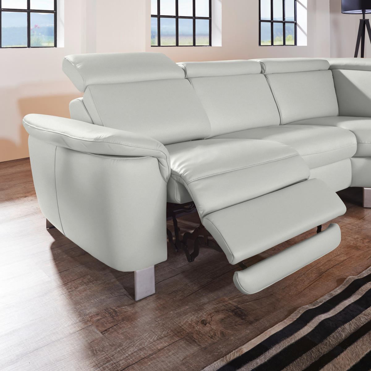 ECKSOFA in Echtleder Hellgrau  - Hellgrau/Alufarben, Design, Leder/Metall (271/239cm) - Cantus