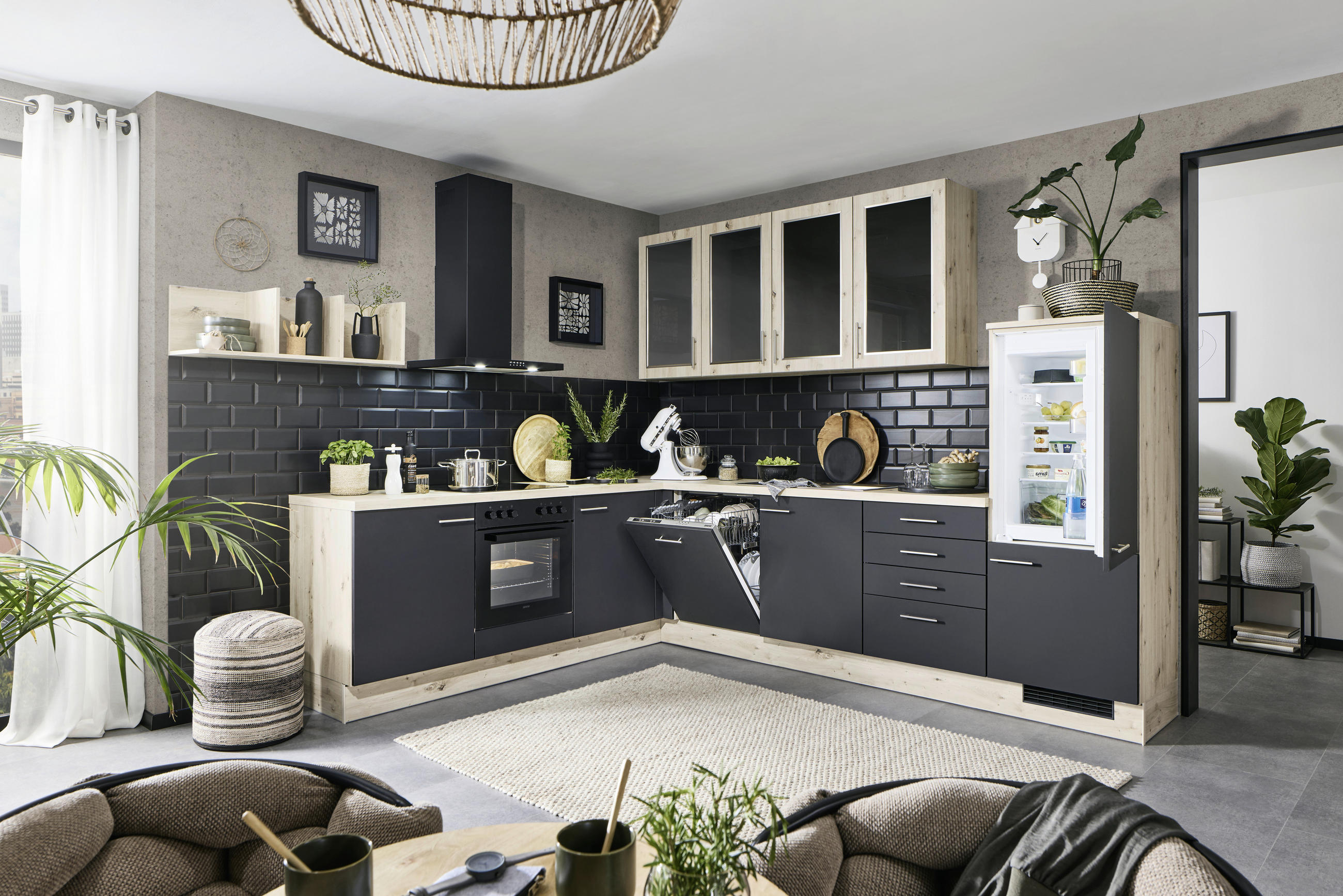 ECKKÜCHE 283,1/305,2 cm  in Schwarz, Eichefarben  - Edelstahlfarben/Eichefarben, KONVENTIONELL, Glas/Holzwerkstoff (283,1/305,2cm) - Venda