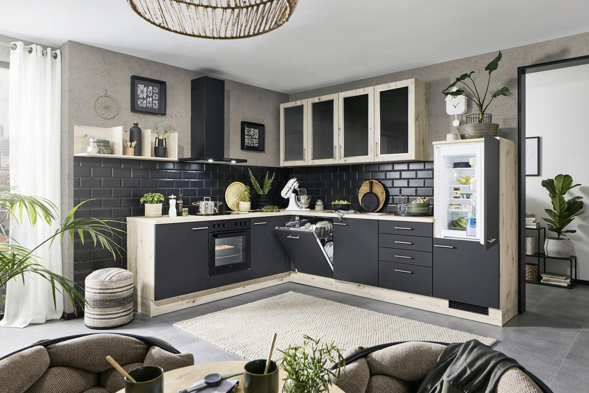 ECKKÜCHE 283,1/305,2 cm  Schwarz, Eichefarben  - Edelstahlfarben/Eichefarben, Konventionell, Glas/Holzwerkstoff (283,1/305,2cm) - Venda