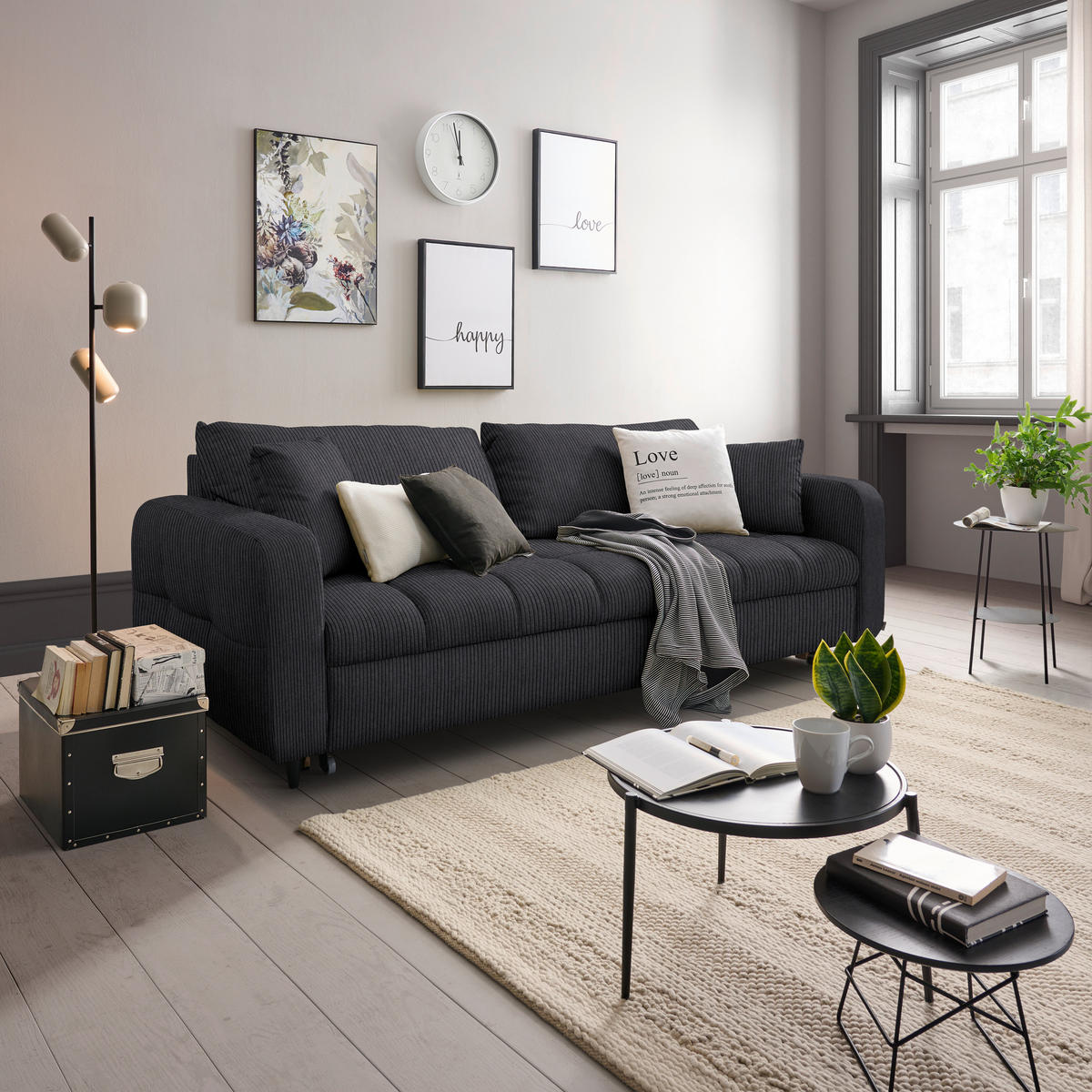 SCHLAFSOFA Cord, Velours Anthrazit Stoffauswahl, Bettfunktion erhältlich, Rücken echt, Armteil links, Armteil rechts  - Anthrazit/Schwarz, Design, Holz/Textil (236/88/101cm) - Lomoco