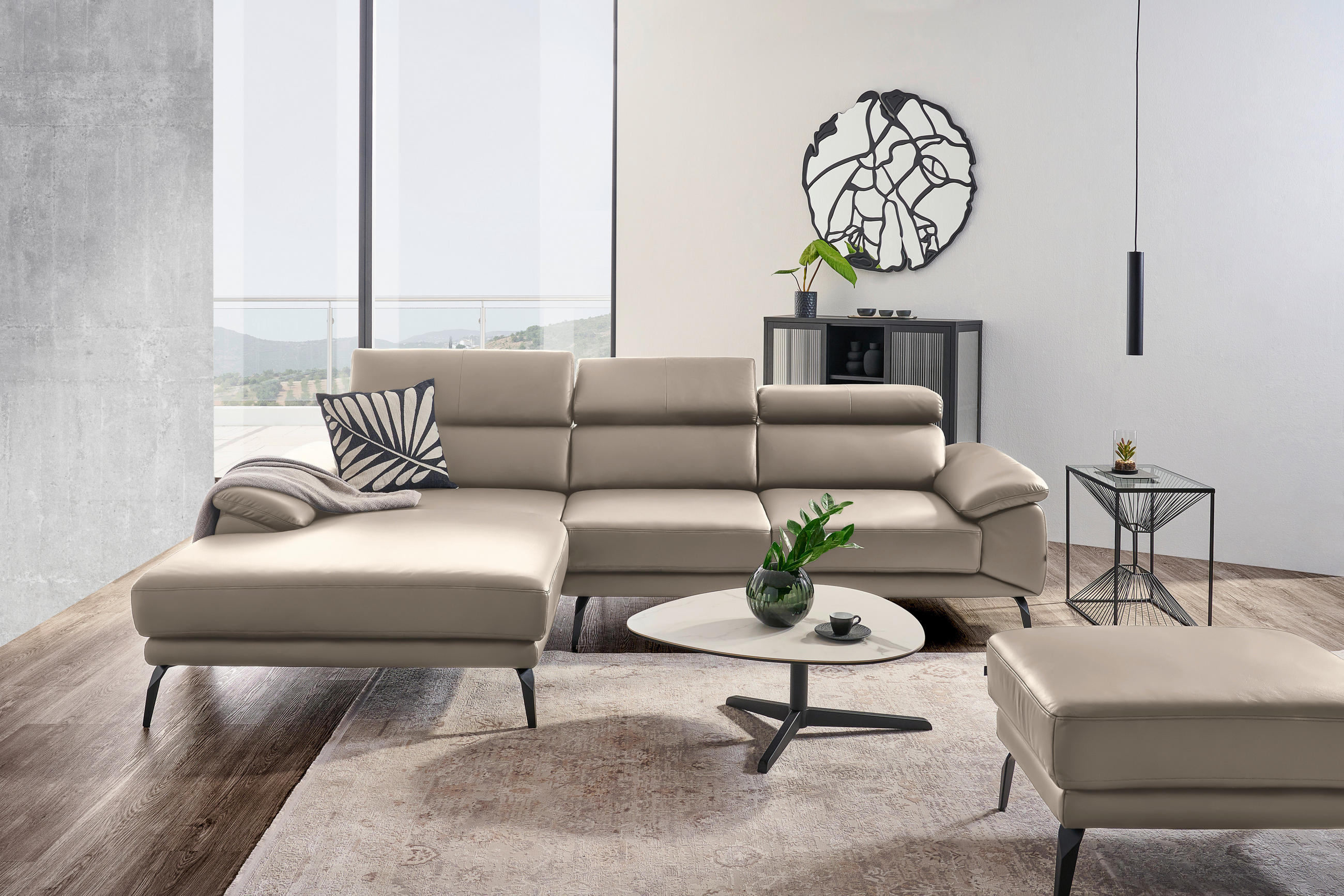 ECKSOFA in Echtleder Creme  - Creme/Schwarz, Design, Leder/Metall (187/295cm) - Novel