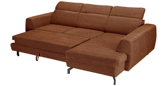 ECKSOFA Cognac Chenille  inkl. Zierkissen, Bettkasten, Schlaffunktion, Rücken echt, Kopfteilverstellung, Liegefläche im Originalstoff  - Cognac/Schwarz, KONVENTIONELL, Textil/Metall (266/185cm) - Carryhome