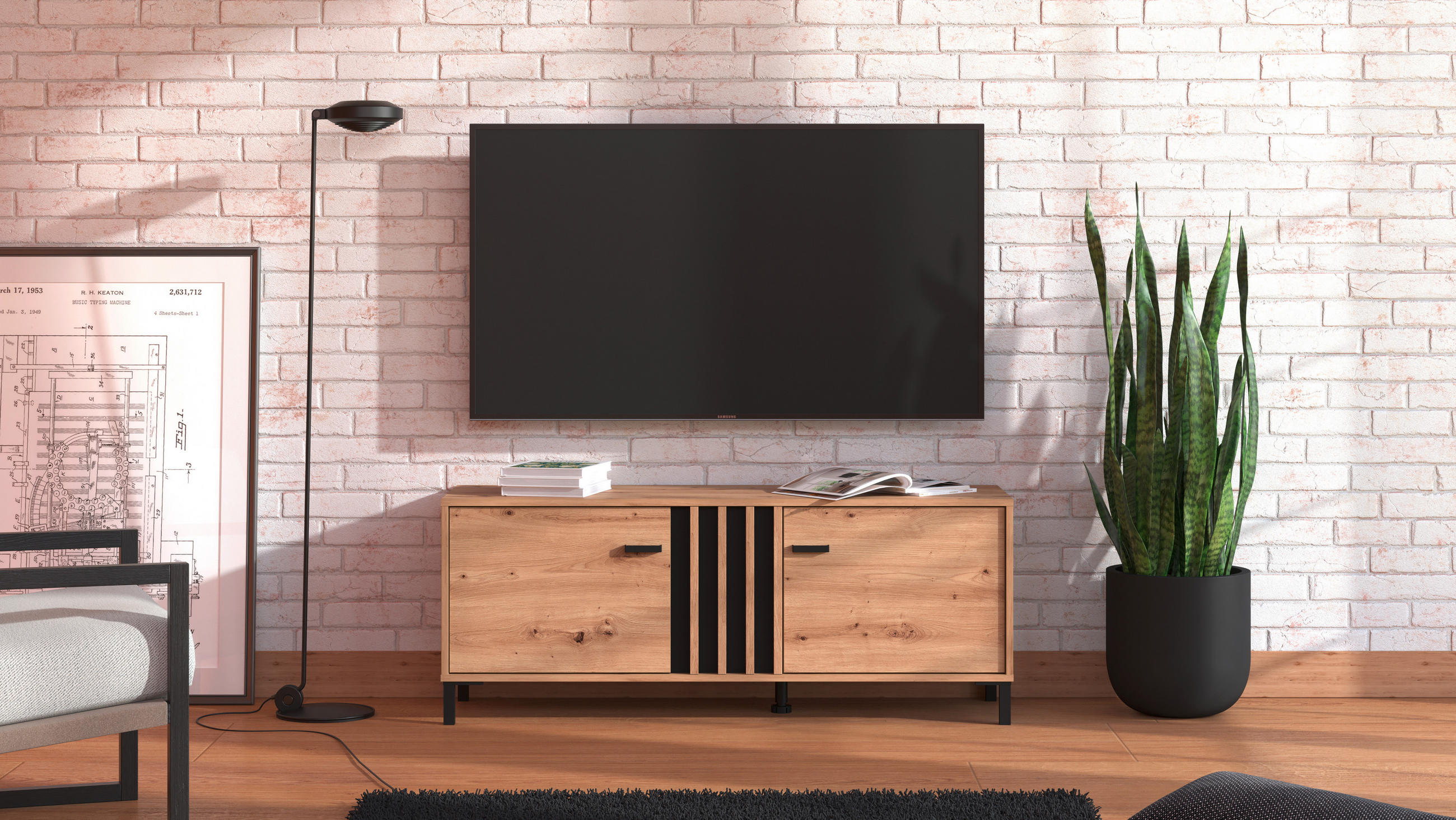 KOMODA POD TELEVIZI, černá, dub artisan, 131,4/52/40 cm - černá/dub artisan, Basics, kompozitní dřevo/plast (131,4/52/40cm) - Hom`in