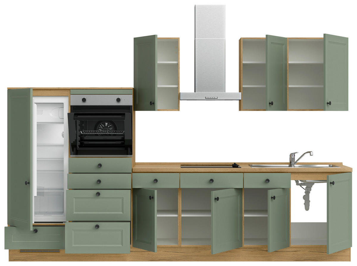 KÜCHENBLOCK Cascada 330 cm  in Grün, Eichefarben  - Eichefarben/Schwarz, MODERN, Holzwerkstoff/Metall (330cm) - Nobilia