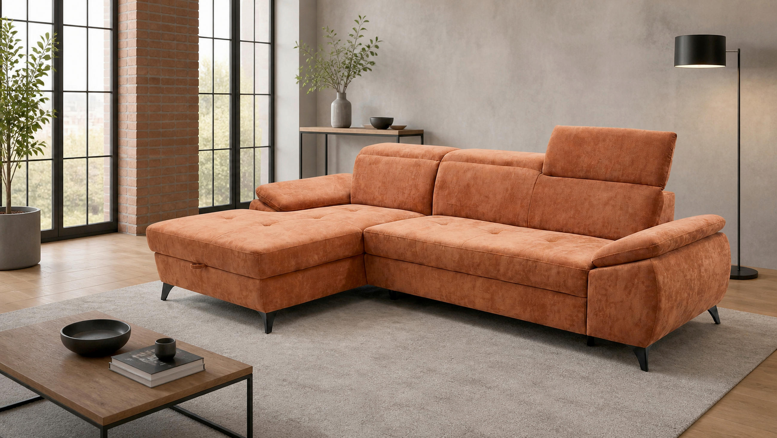 ECKSOFA TAOS Rostfarben Struktur Bettkasten, Kopfstütze  - Rostfarben/Schwarz, Basics, Holz/Textil (281/166cm) - MID.YOU