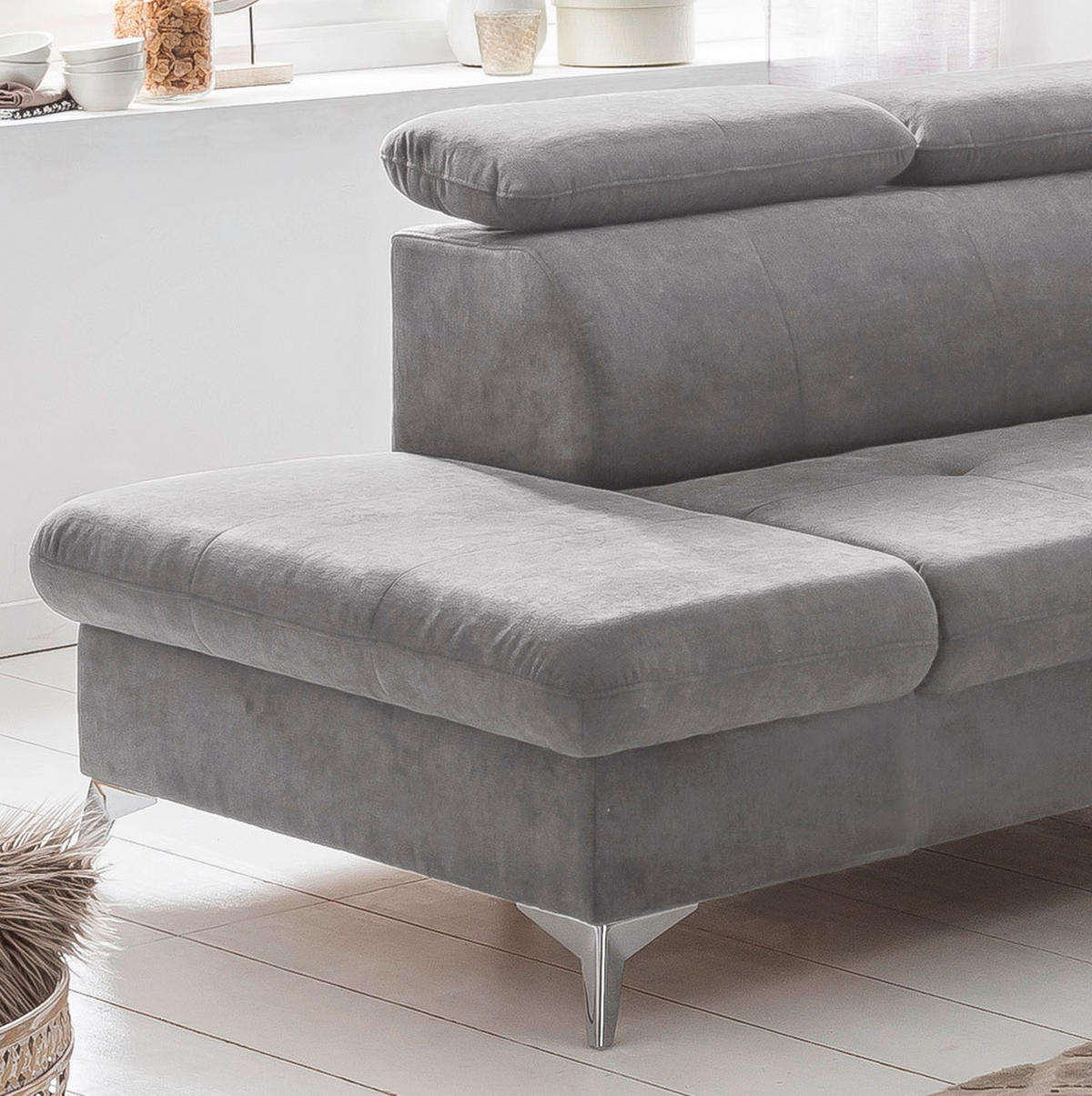 ECKSOFA Grau Mikrofaser  - Chromfarben/Grau, KONVENTIONELL, Textil/Metall (209/256cm) - Livetastic