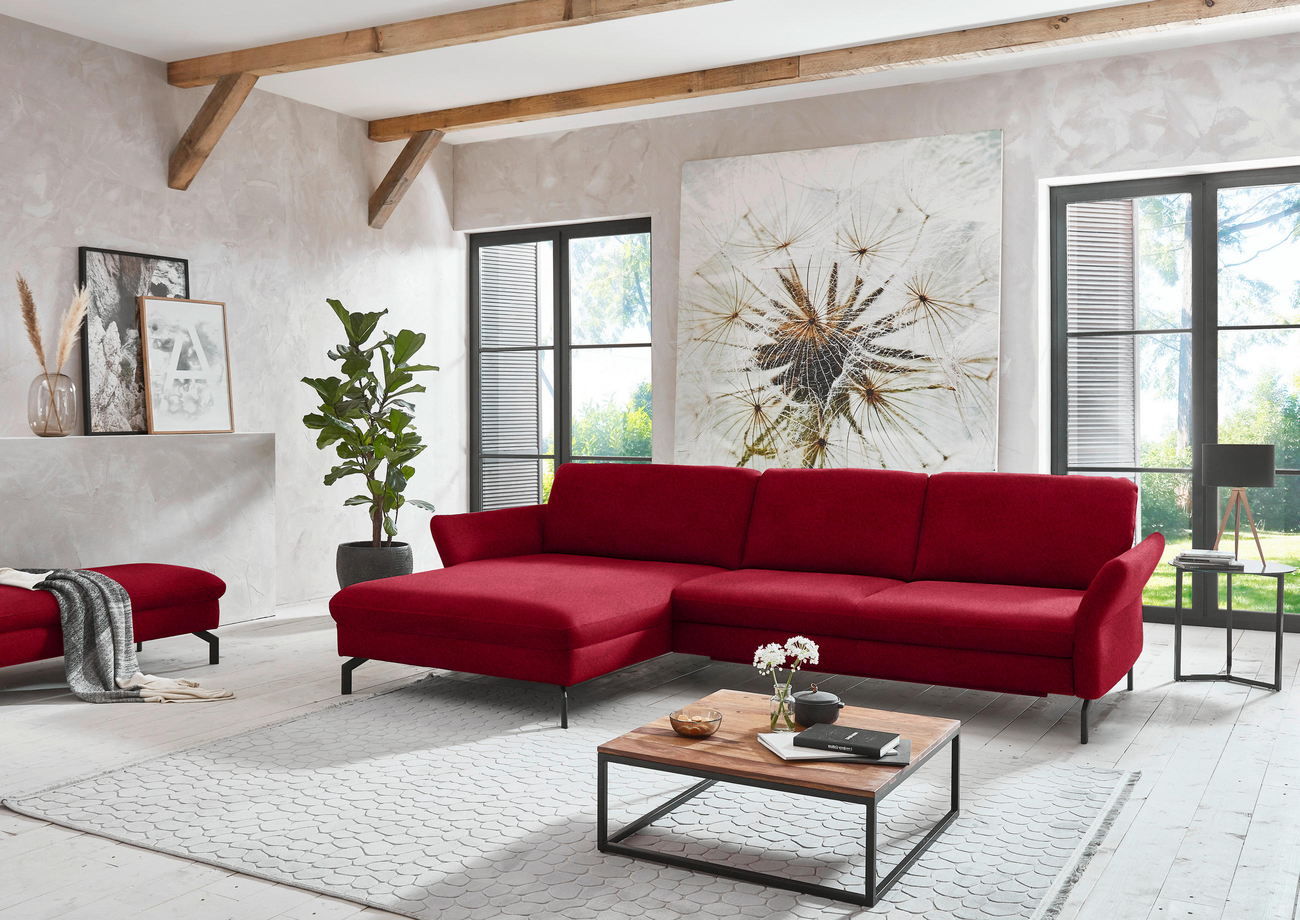 ECKSOFA in Velours Rot  - Rot/Schwarz, Design, Textil/Metall (179/306cm) - Beldomo System