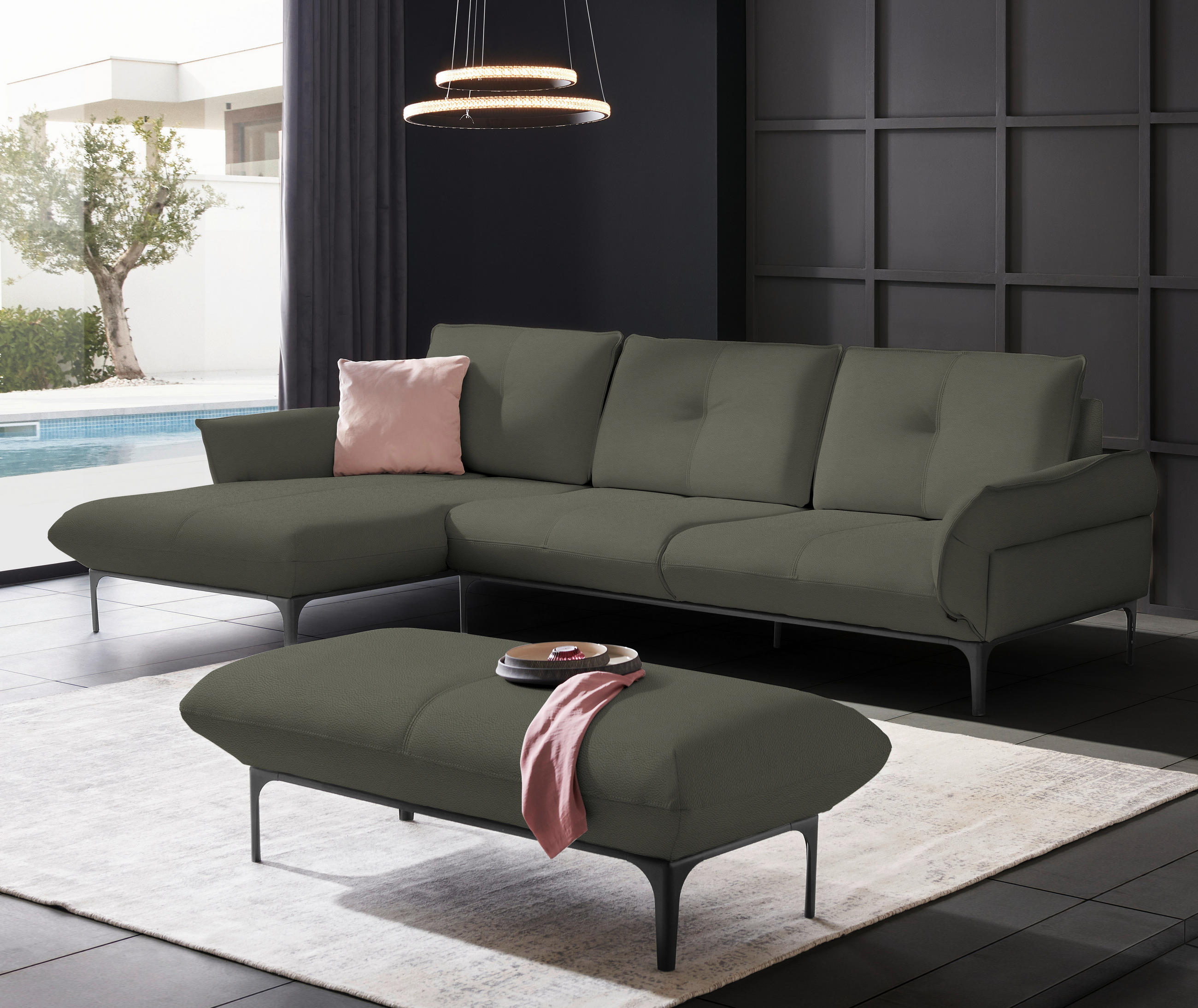 ECKSOFA in Echtleder Graubraun  - Graubraun/Schwarz, Design, Leder/Metall (182/325cm) - Valnatura