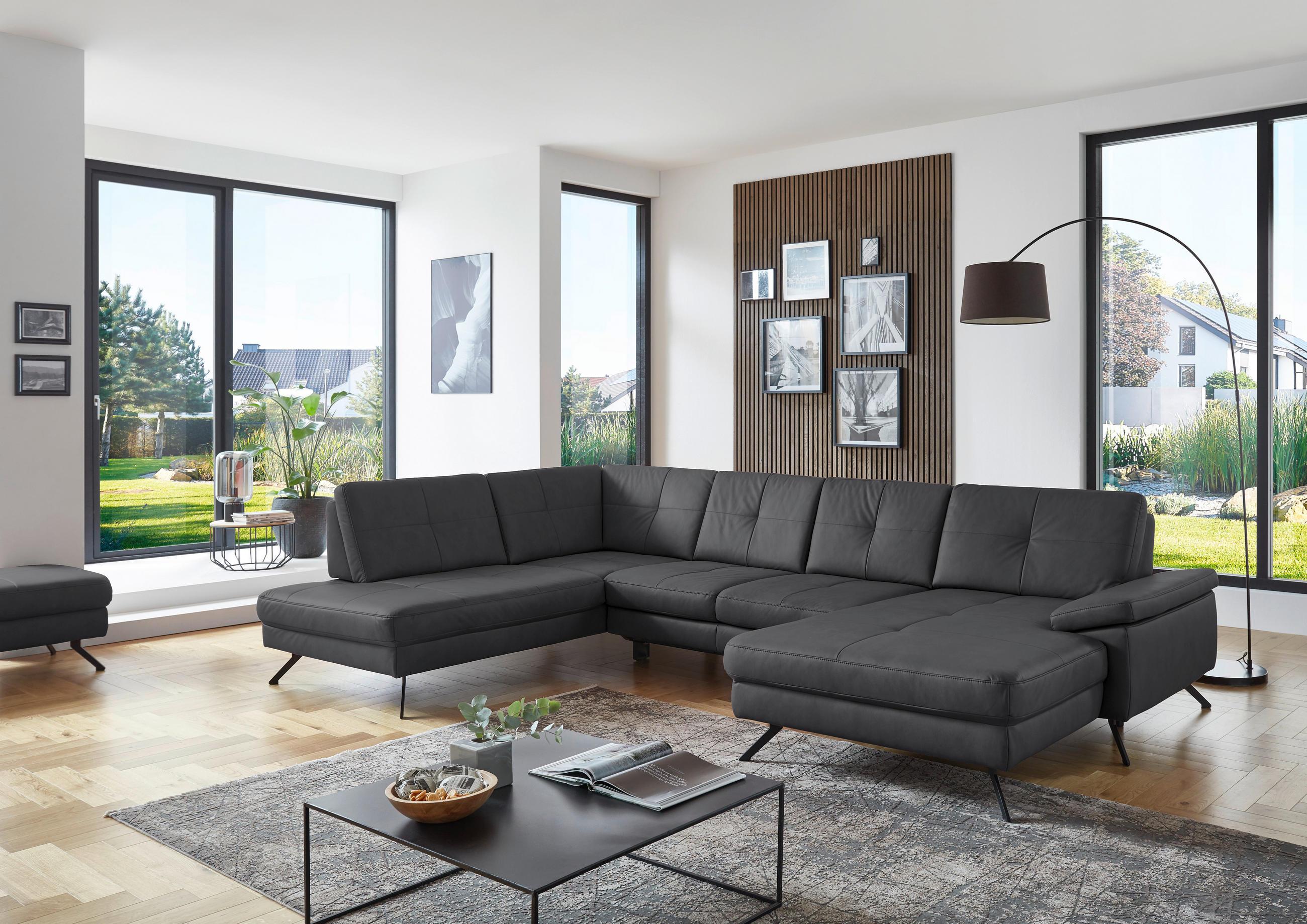 WOHNLANDSCHAFT in Lederlook, Mikrofaser Grau  - Schwarz/Grau, Design, Textil/Metall (220/345/179cm) - Beldomo System