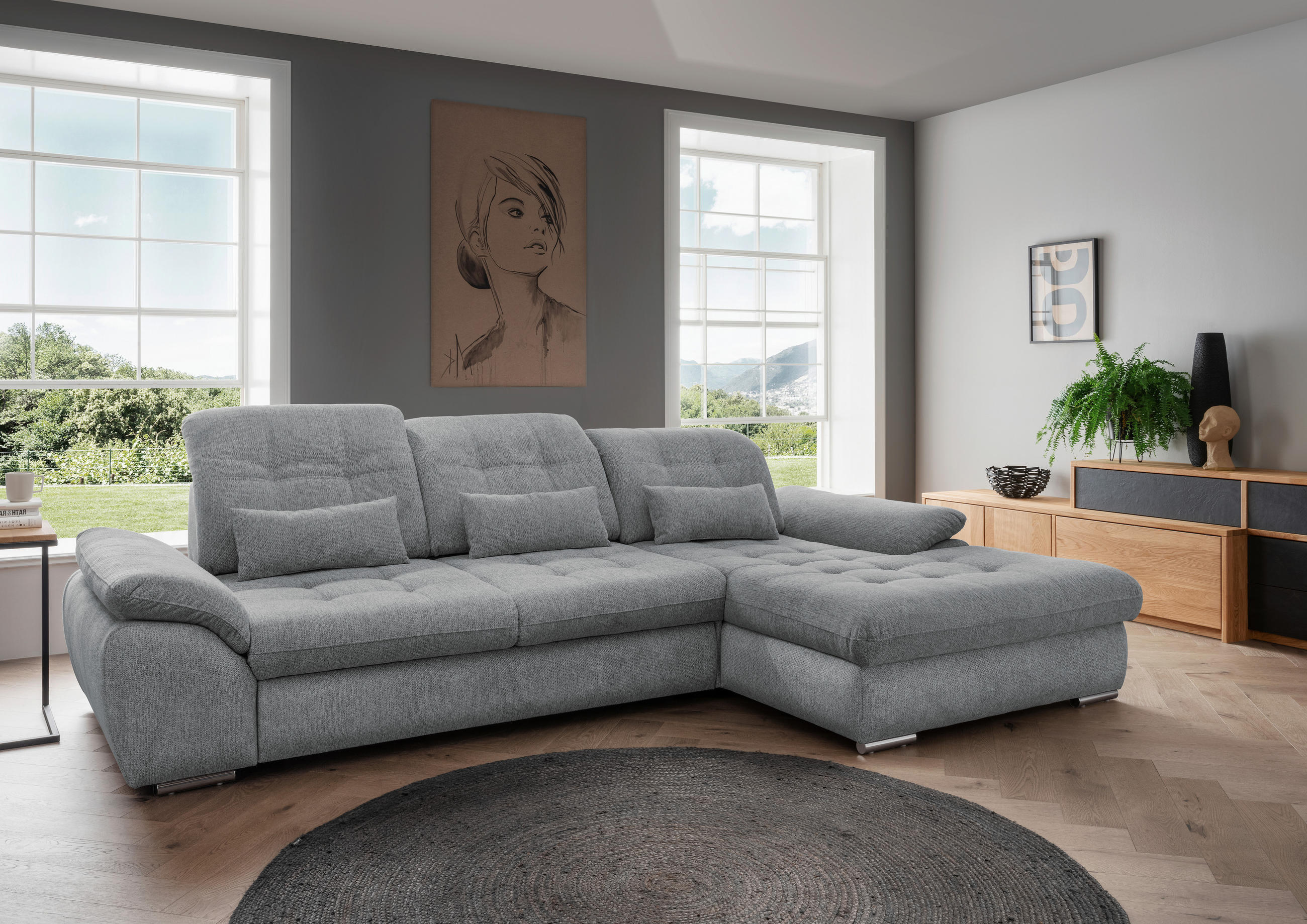 ECKSOFA in Chenille Silberfarben  - Chromfarben/Anthrazit, Modern, Textil/Metall (314/184cm) - Livetastic