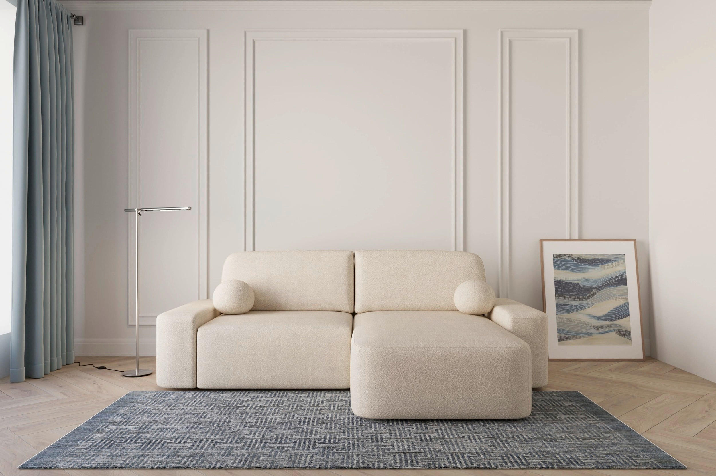 ECKSOFA OVAL Creme Bouclé Rückenkissen, Schlaffunktion, Rücken echt, Stauraum  - Creme/Schwarz, Design, Kunststoff/Textil (268/110cm) - MID.YOU