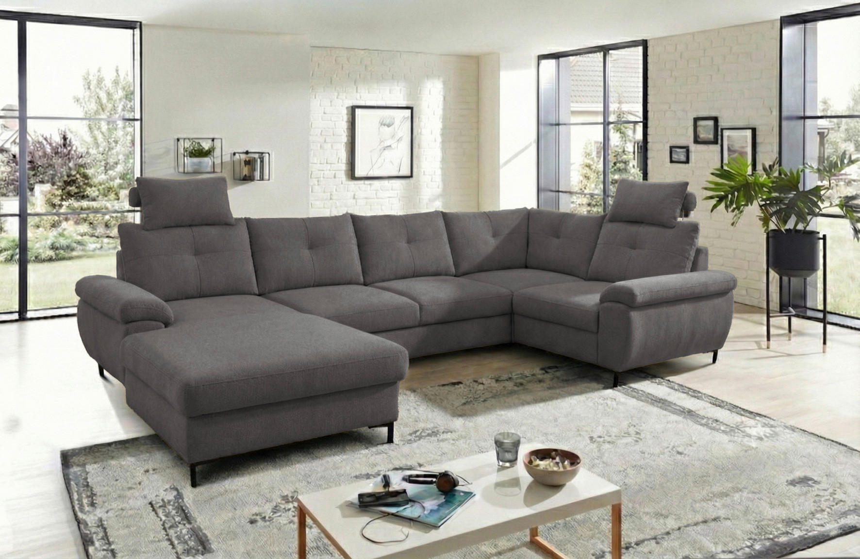 WOHNLANDSCHAFT SOLEI U Dunkelgrau Chenille  - Dunkelgrau/Schwarz, Design, Kunststoff/Textil (188/334/184cm) - MID.YOU