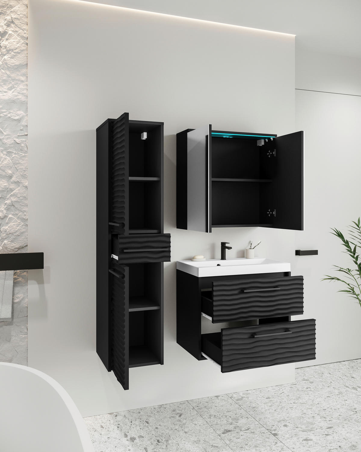 BADEZIMMER 4-teilig  in 90 cm  - Schwarz/Weiß, LIFESTYLE, Keramik/Holzwerkstoff (90cm) - P & B