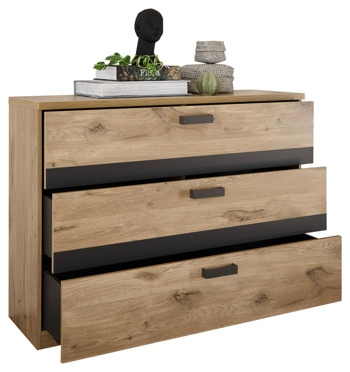 KOMMODE , 120/88,6/38 cm, 3 Schublade(n)  - Eichefarben/Graphitfarben, Design, Holzwerkstoff/Metall (120/88,6/38cm) - Xora