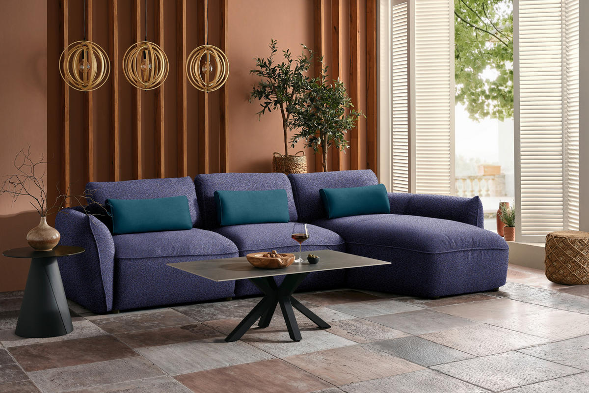 ECKSOFA  in Chenille Blau  340/190 cm  - Blau/Schwarz, Design, Kunststoff/Textil (340/190cm) - Belluti