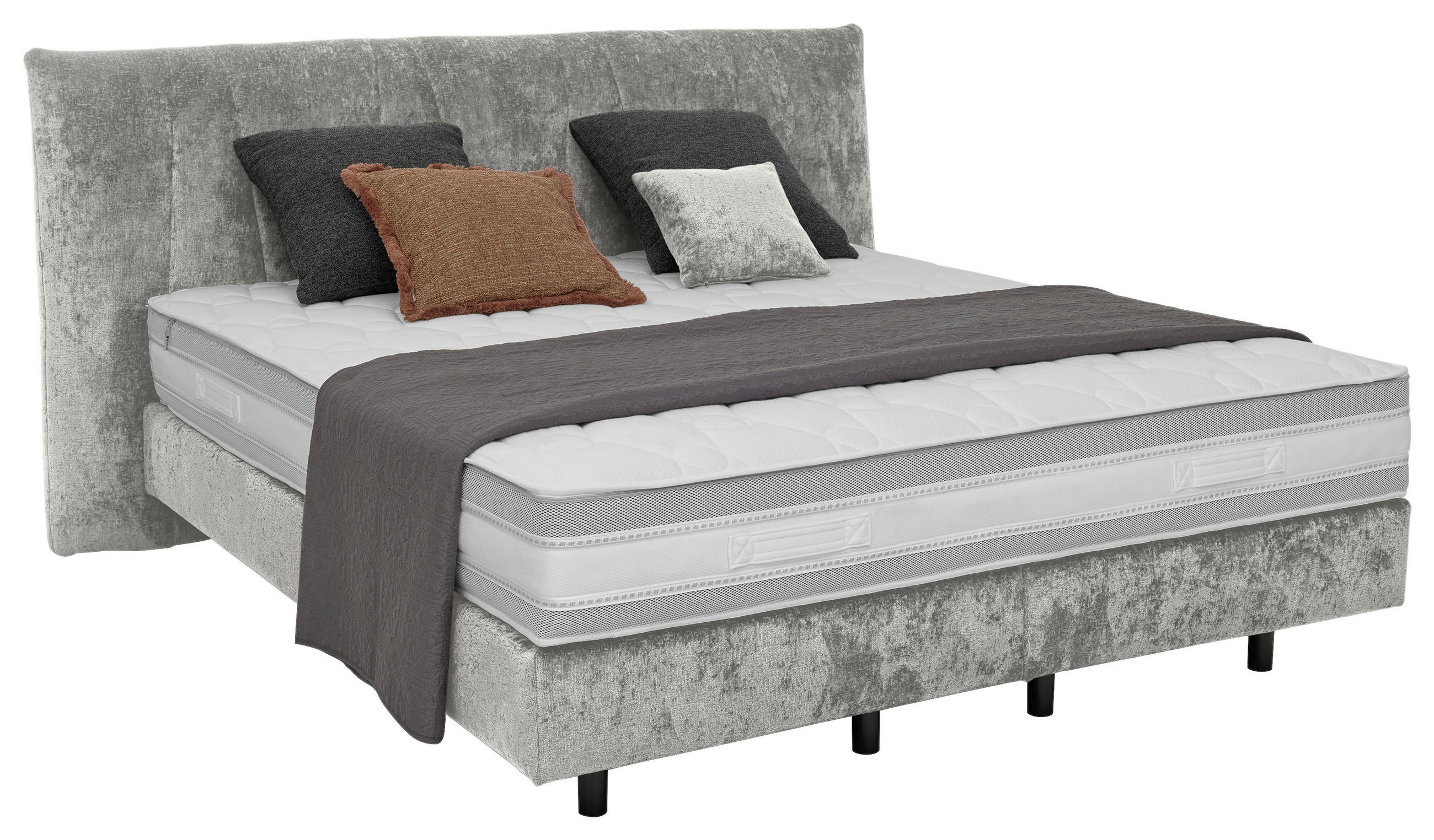 BOXSPRINGBETT 180/200 cm,  in Hellgrau, gepolstertes Kopfteil, Matratzen, H2 + H3 = mittel + fest  - Hellgrau/Schwarz, Design, Textil/Metall (180/200cm) - Musterring