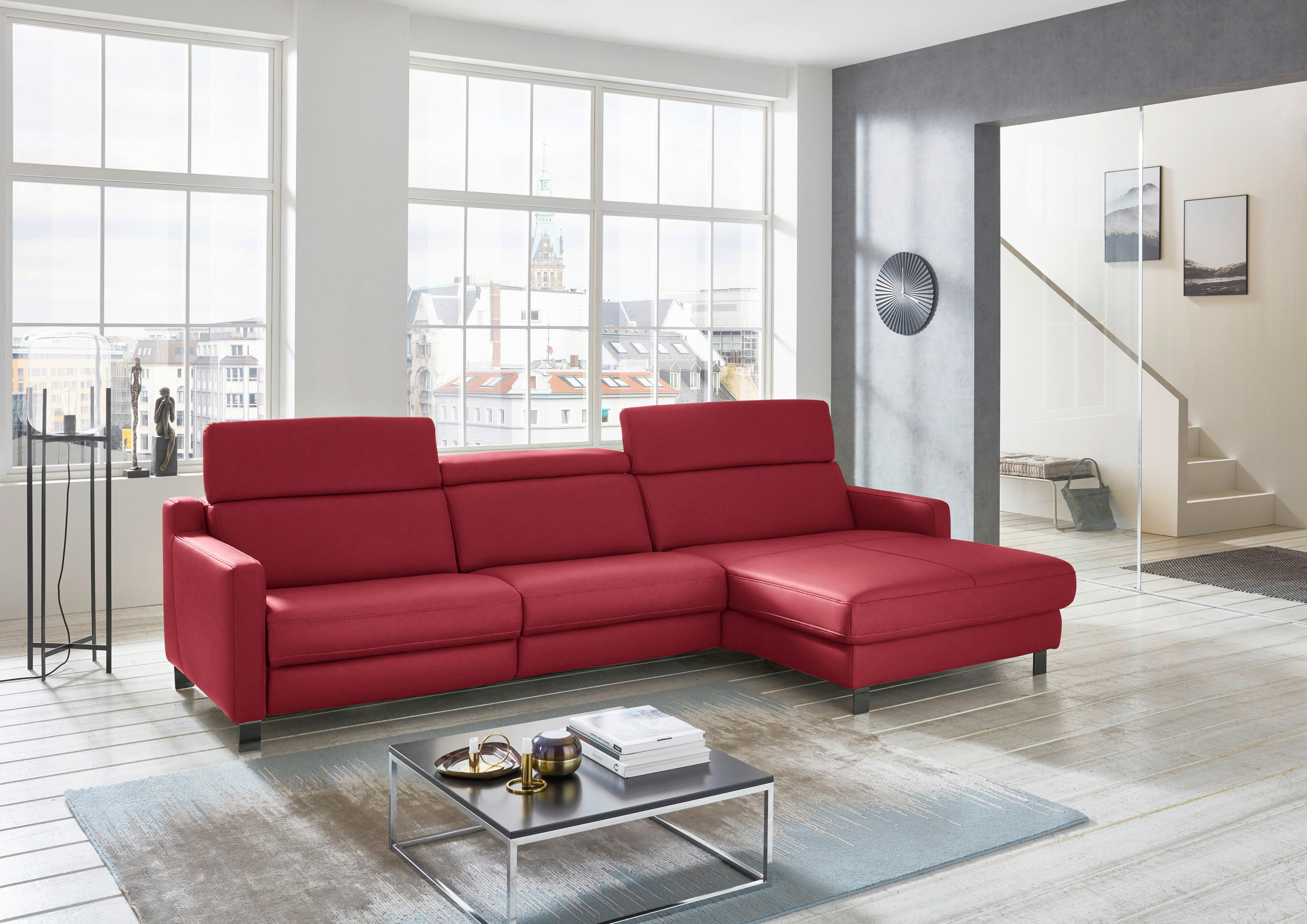 ECKSOFA in Echtleder Rot  - Rot/Schwarz, Design, Leder/Metall (291/176cm) - Valdera