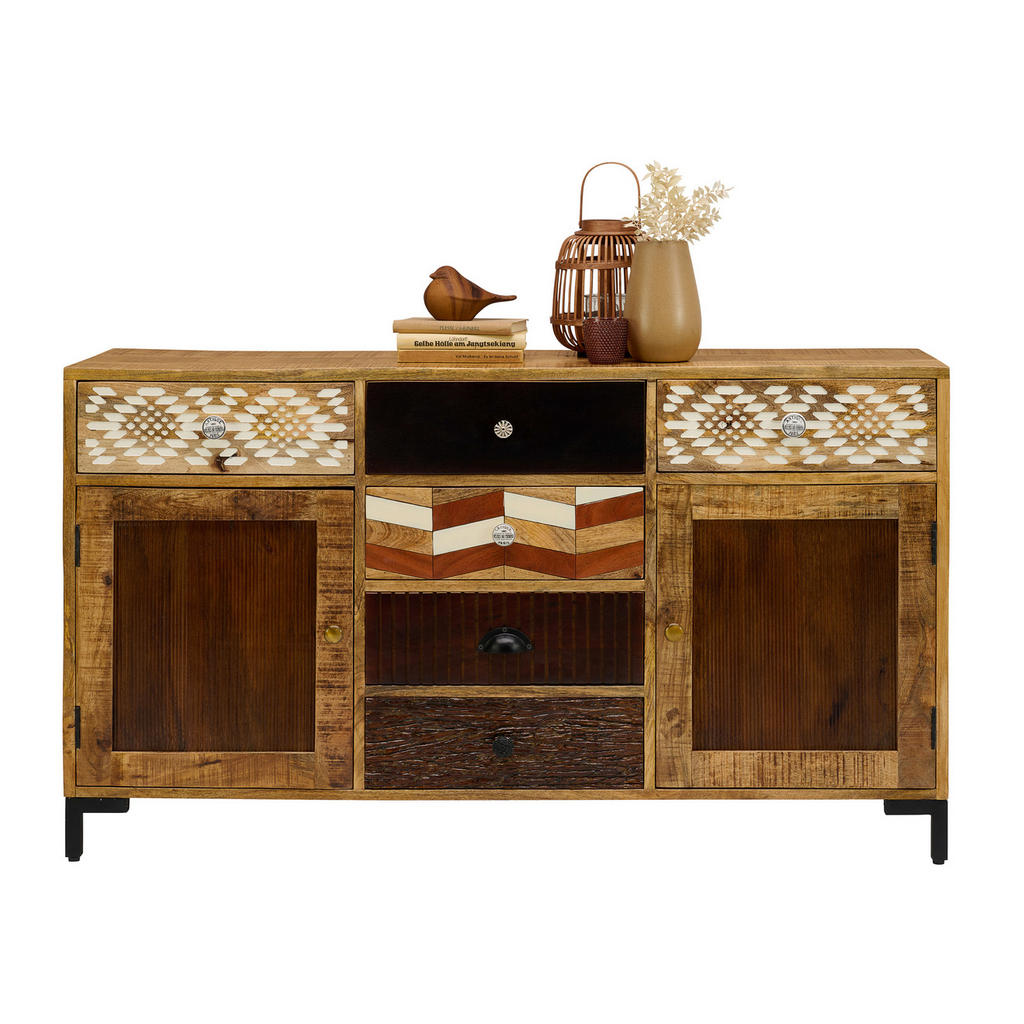 Thumbnail - Landscape Sideboard, Braun, Mehrfarbig, Akazie, Kupfer, Metall, Keramik, Akazie, Mangoholz, massiv, 2 Fächer, 6 Schublad...