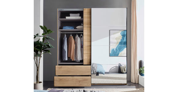 SCHWEBETÜRENSCHRANK 215/225,5/60,5 cm 2-türig Eichefarben  - Eichefarben/Schwarz, MODERN, Glas/Holzwerkstoff (215/225,5/60,5cm) - Xora