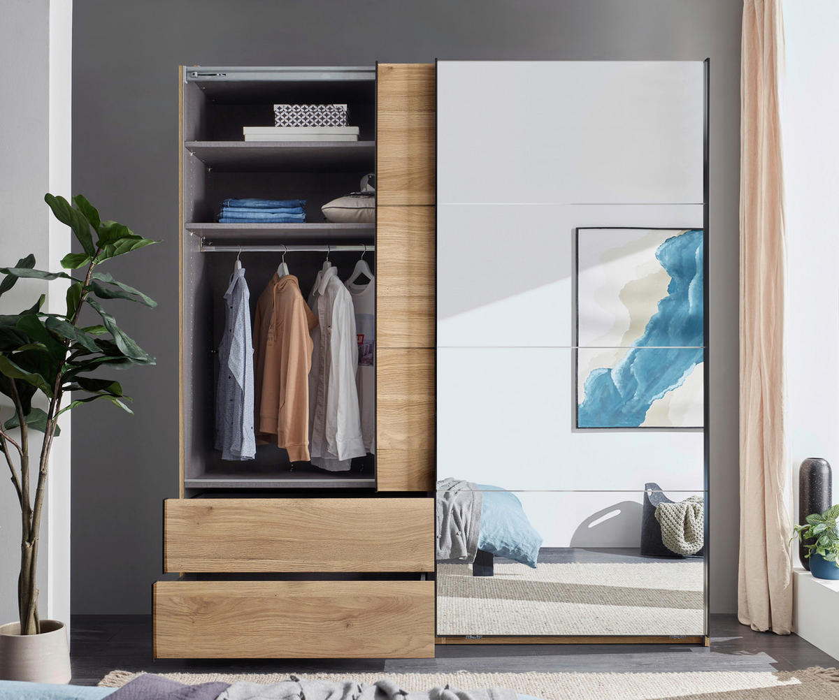 SCHWEBETÜRENSCHRANK Eichefarben  - Eichefarben/Schwarz, Modern, Glas/Holzwerkstoff (215/225,5/60,5cm) - Xora